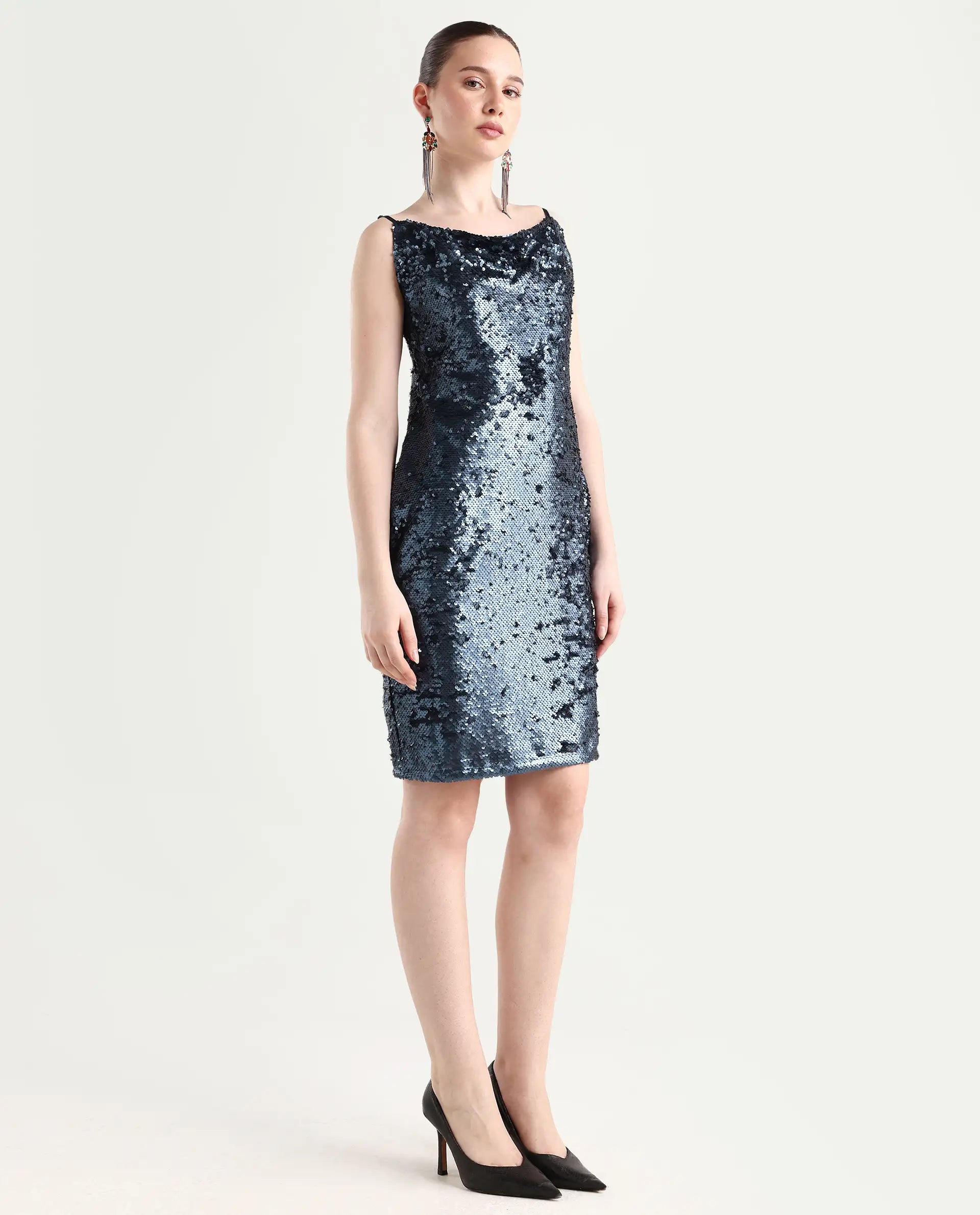 Rareism Women's Leah Sheen Blue Polyester Shoulder Strap Sequined Shoulder Strap Knee Length Regular Fit Dress
