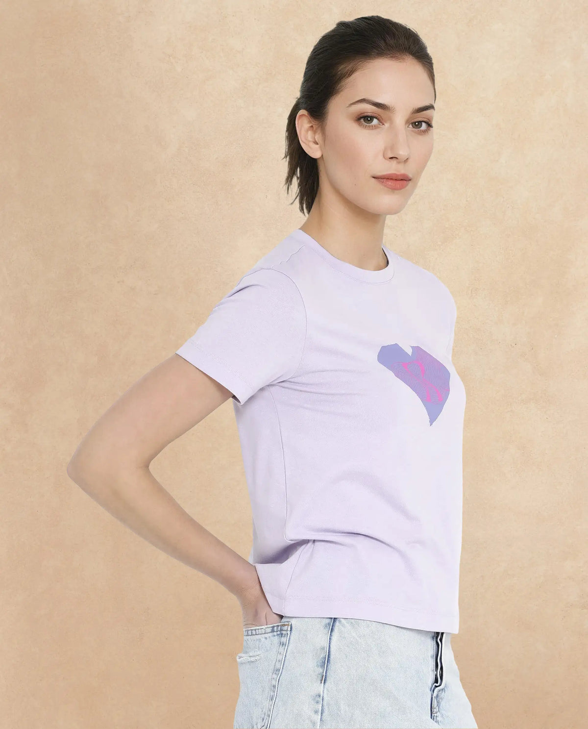 Rareism Women Lee Pastel Purple Cotton Poly Fabric Short Sleeve Crew Neck Solid T-Shirt