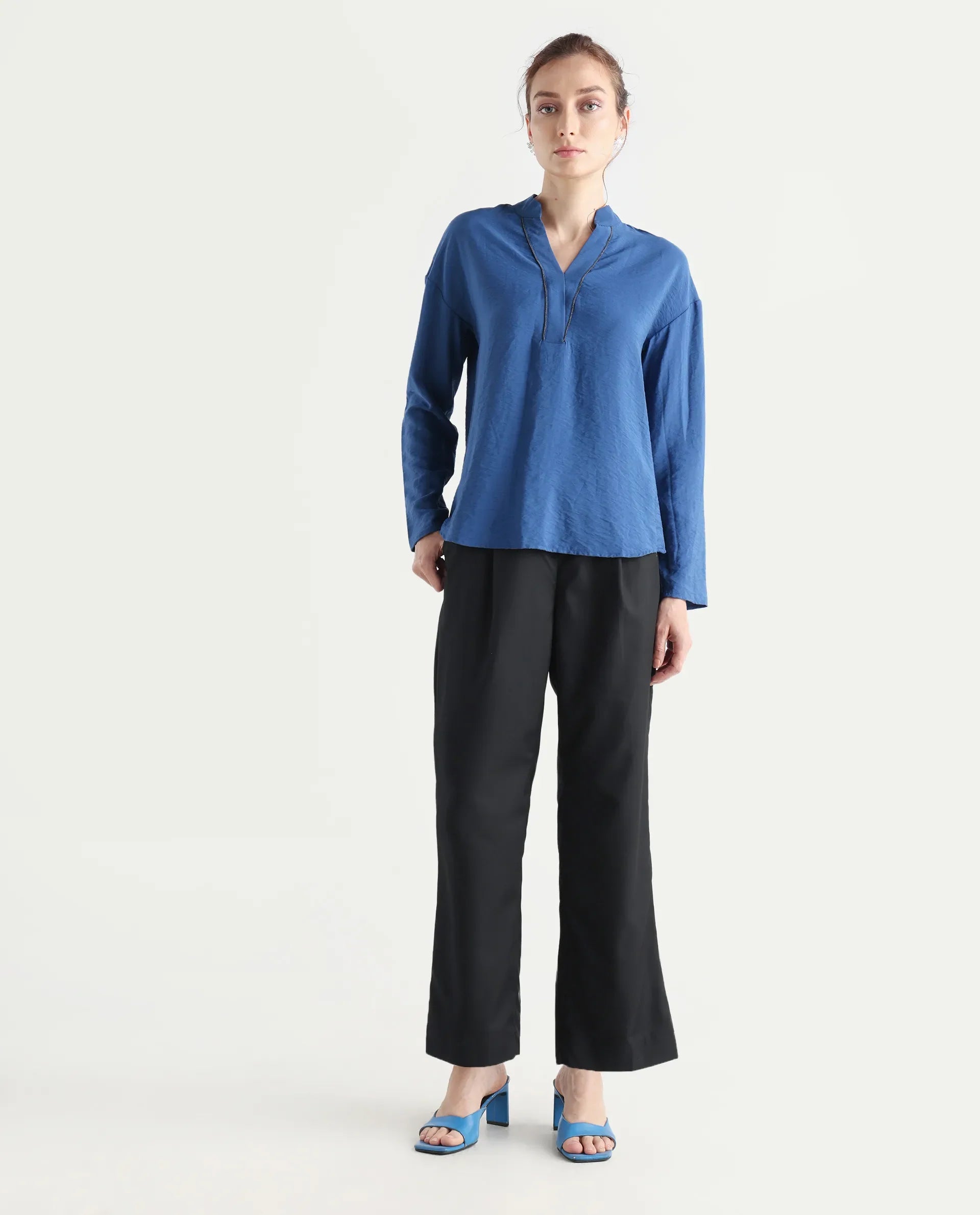 Rareism Women's Leezo Black Polyester Blend Plain Ankle Length Straight Fit Trouser