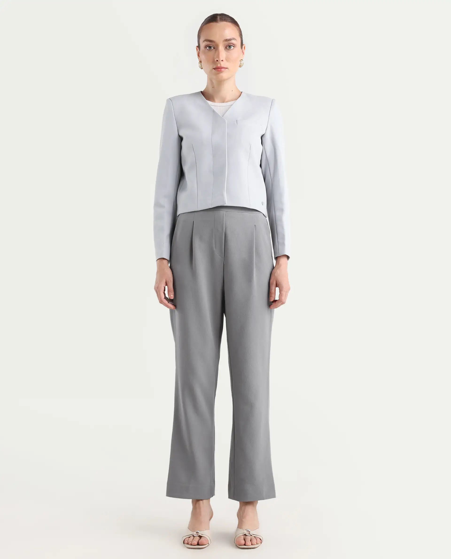 Rareism Women's Leezo Grey Polyester Blend Plain Ankle Length Straight Fit Trouser