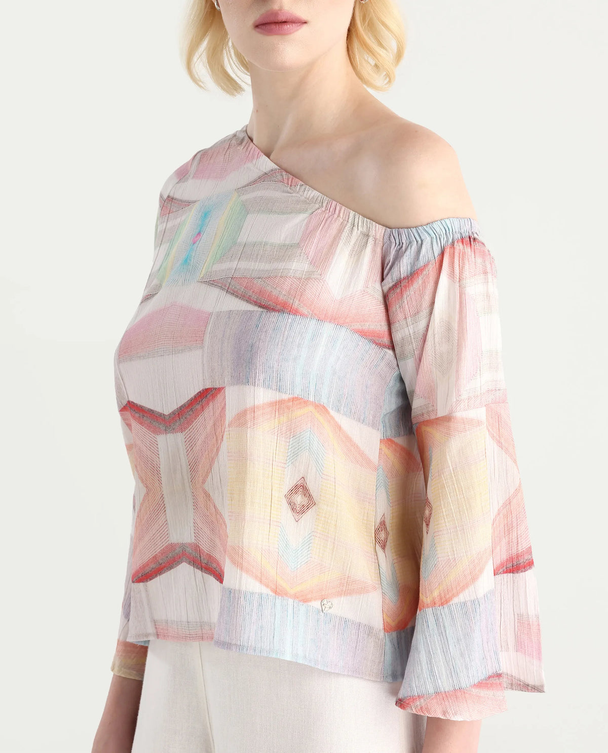 Rareism Women's Leightono Sc Dusky Multi Cotton Blend One Shoulder Abstract Print Raglan Sleeve Regular Fit Top