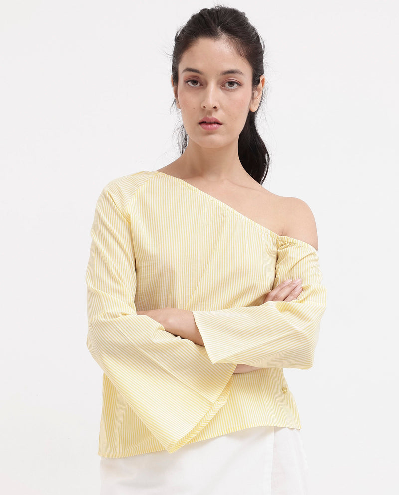 Rareism Women Leighton Pastel Yellow Cotton Fabric Full Sleeve One Shoulder   Stripe Top