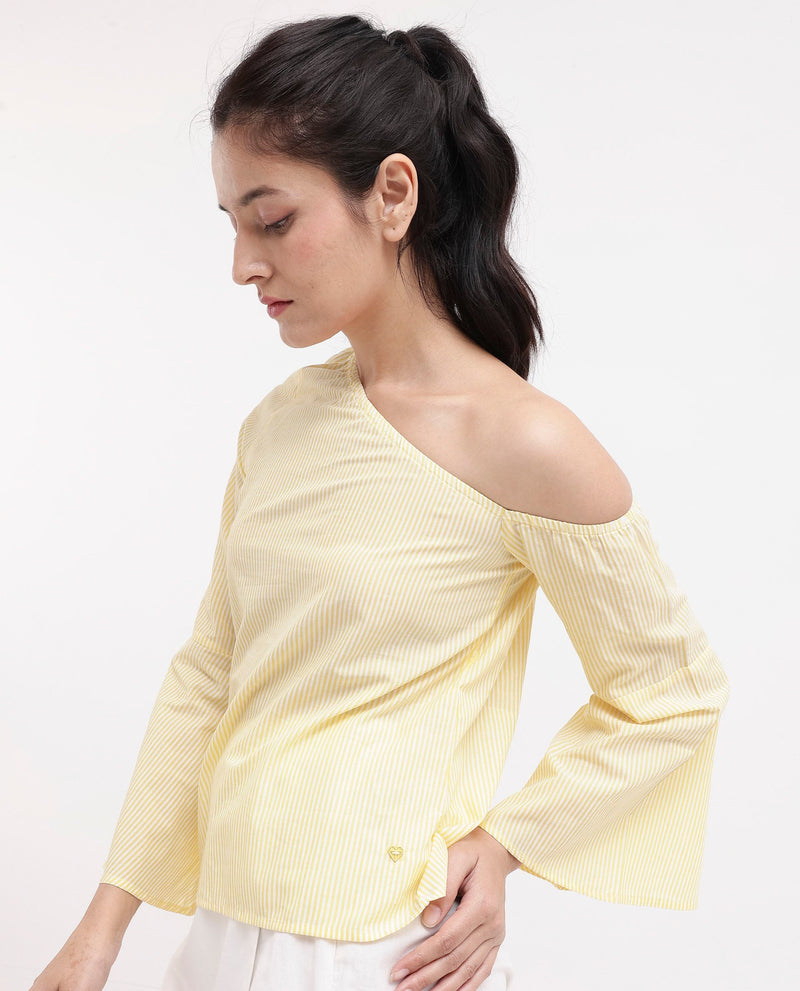 Rareism Women Leighton Pastel Yellow Cotton Fabric Full Sleeve One Shoulder   Stripe Top