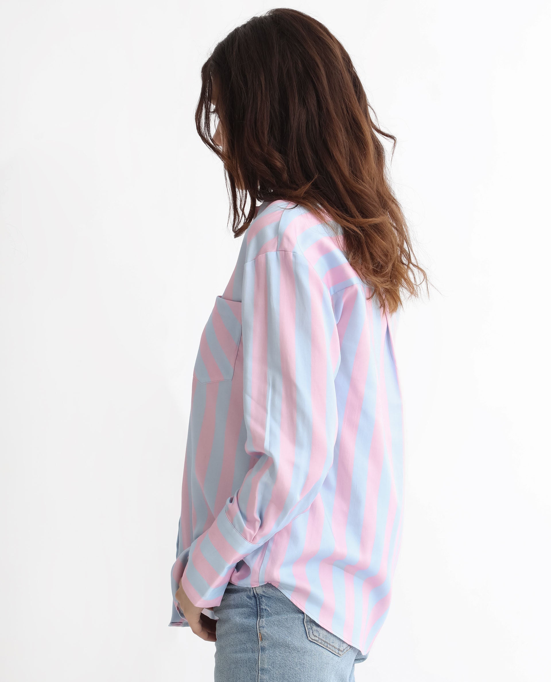 Rareism Women Lenona Pastel Blue Cotton Fabric Full Sleeves Button Closure Shirt Collar Slim Fit Striped Shirt