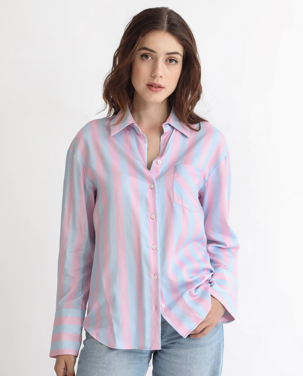 Rareism Women Lenona Pastel Blue Cotton Fabric Full Sleeves Button Closure Shirt Collar Slim Fit Striped Shirt