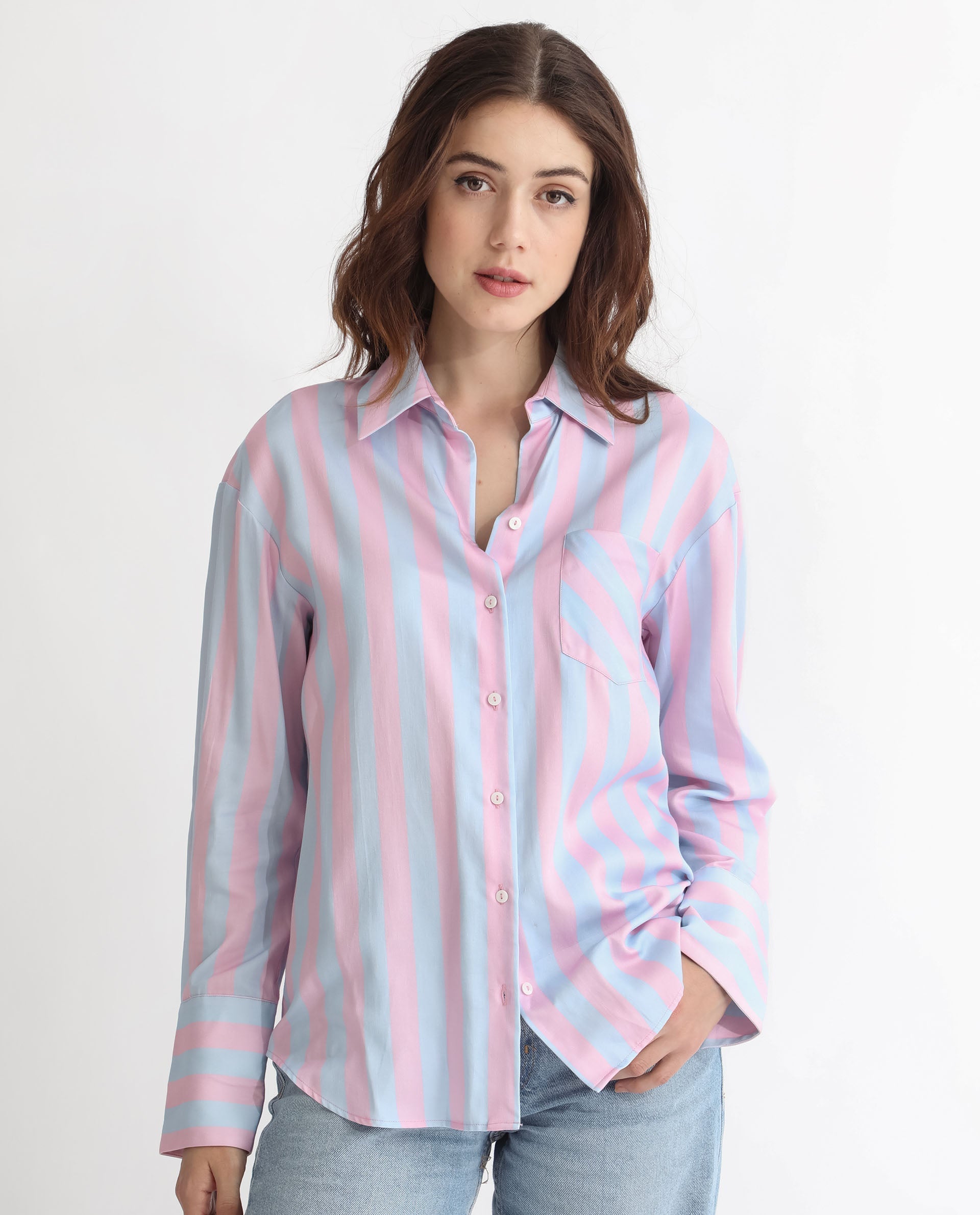 Rareism Women Lenona Pastel Blue Cotton Fabric Full Sleeves Button Closure Shirt Collar Slim Fit Striped Shirt