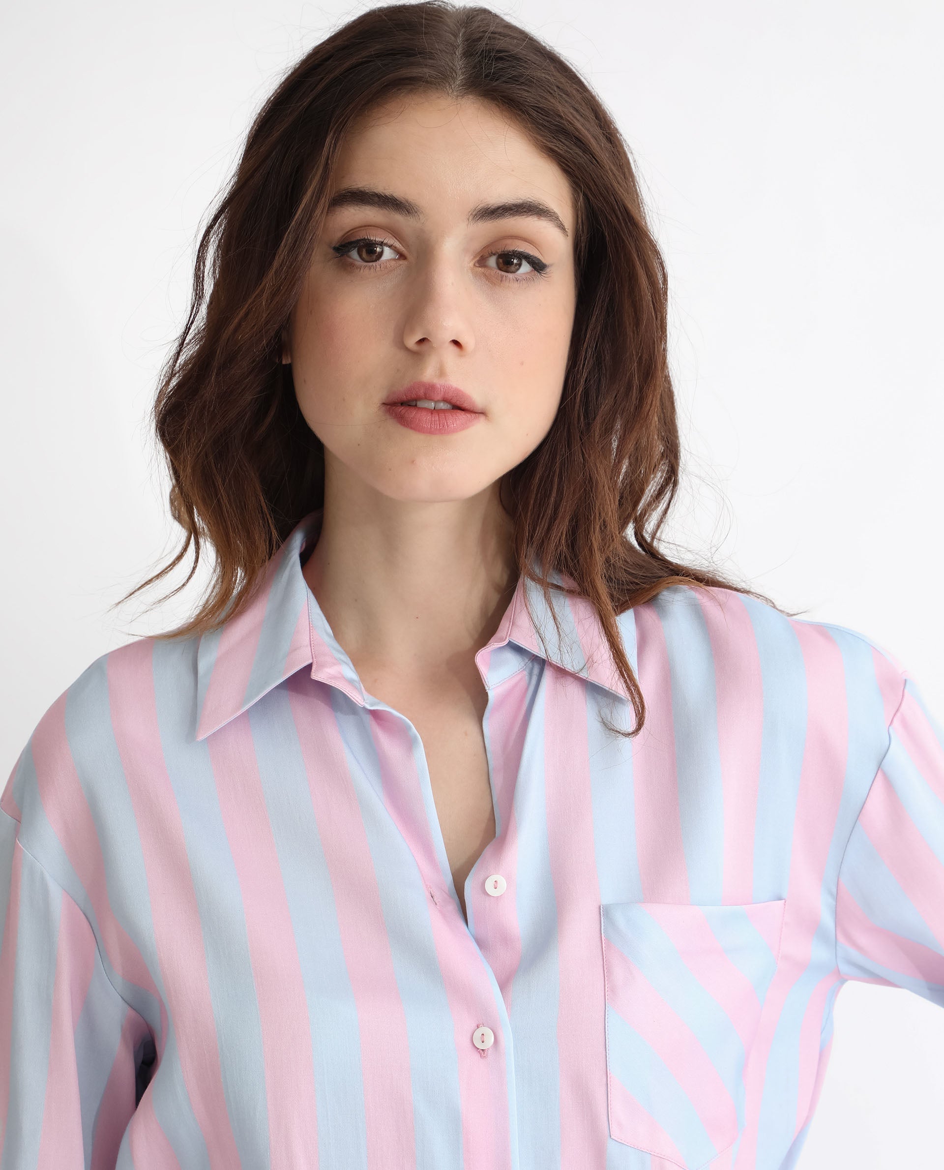 Rareism Women Lenona Pastel Blue Cotton Fabric Full Sleeves Button Closure Shirt Collar Slim Fit Striped Shirt