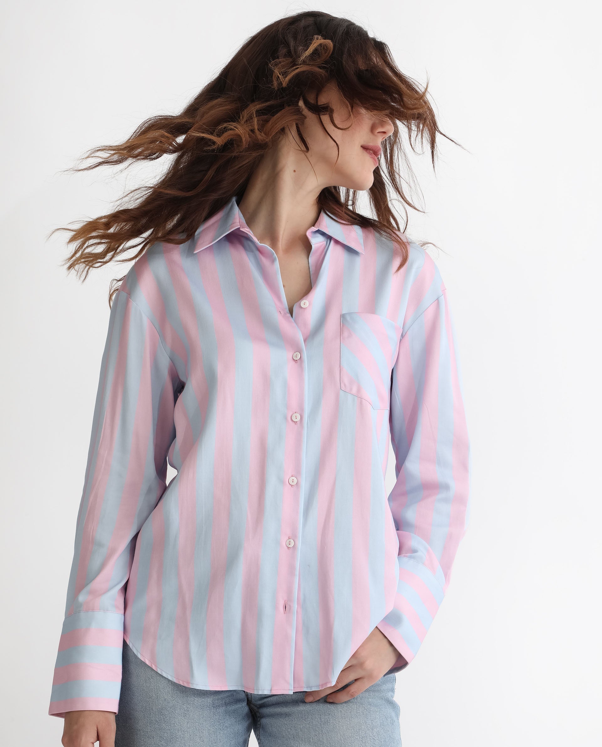 Rareism Women Lenona Pastel Blue Cotton Fabric Full Sleeves Button Closure Shirt Collar Slim Fit Striped Shirt