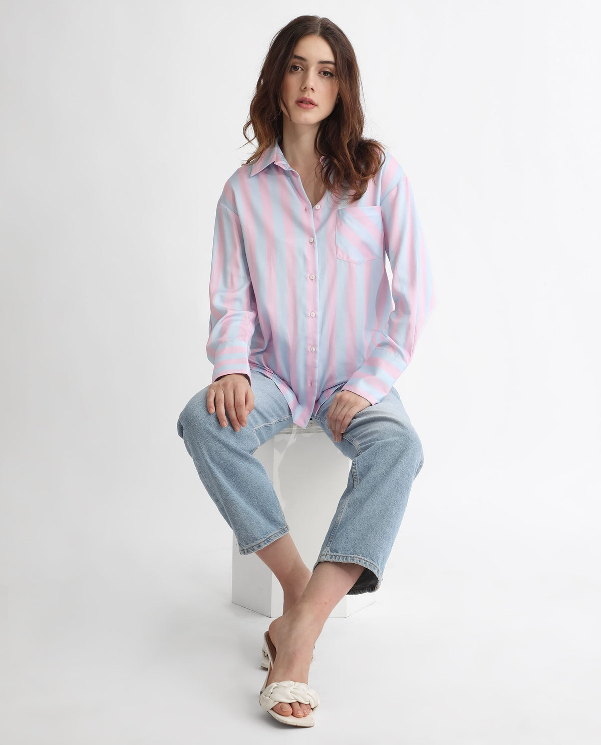 Rareism Women Lenona Pastel Blue Cotton Fabric Full Sleeves Button Closure Shirt Collar Slim Fit Striped Shirt