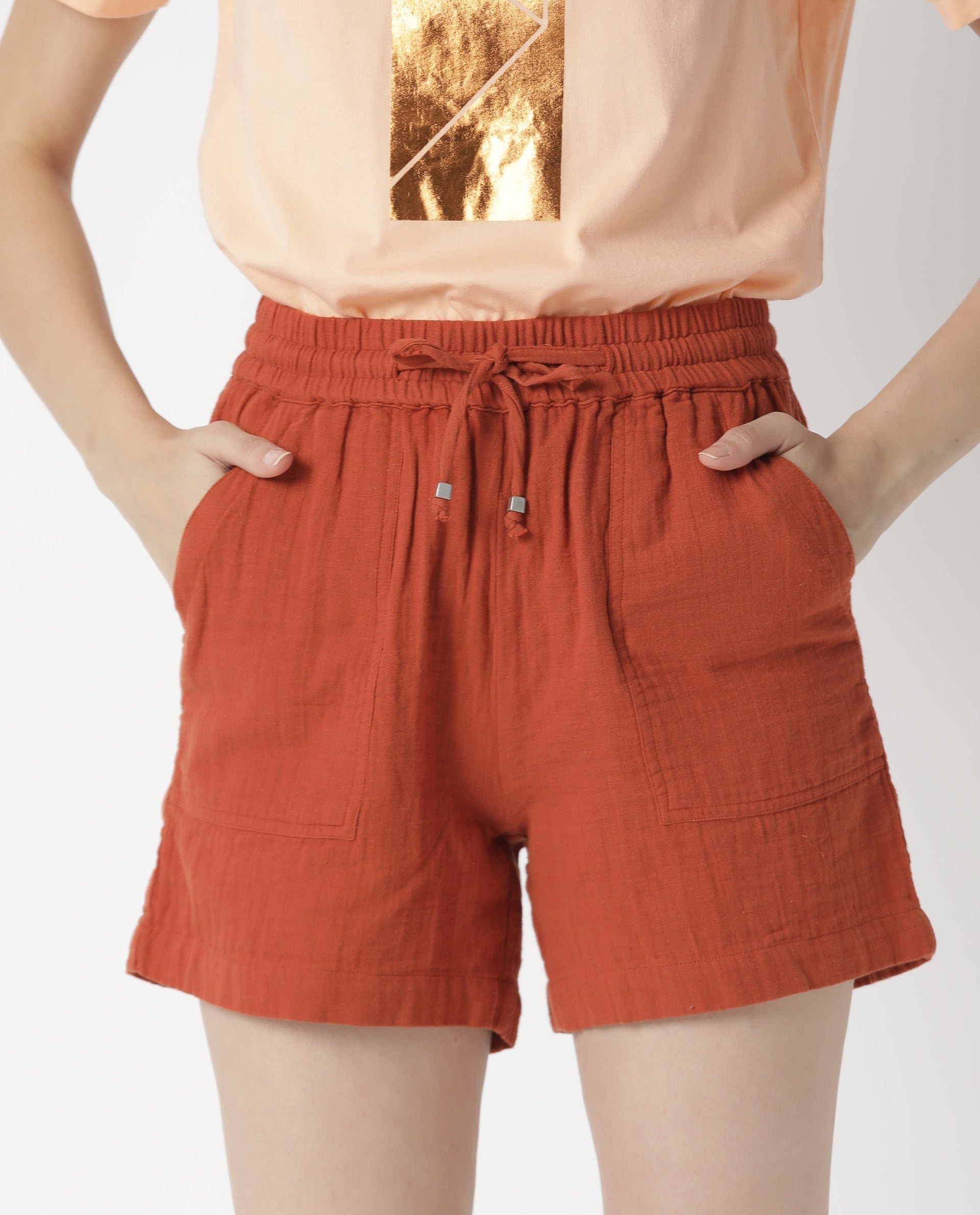 Rareism Womens Leno Rust Shorts Cotton Fabric Regular Fit Draw String Closure High Rise Waist Rise Above Knee/Mid Thigh Length