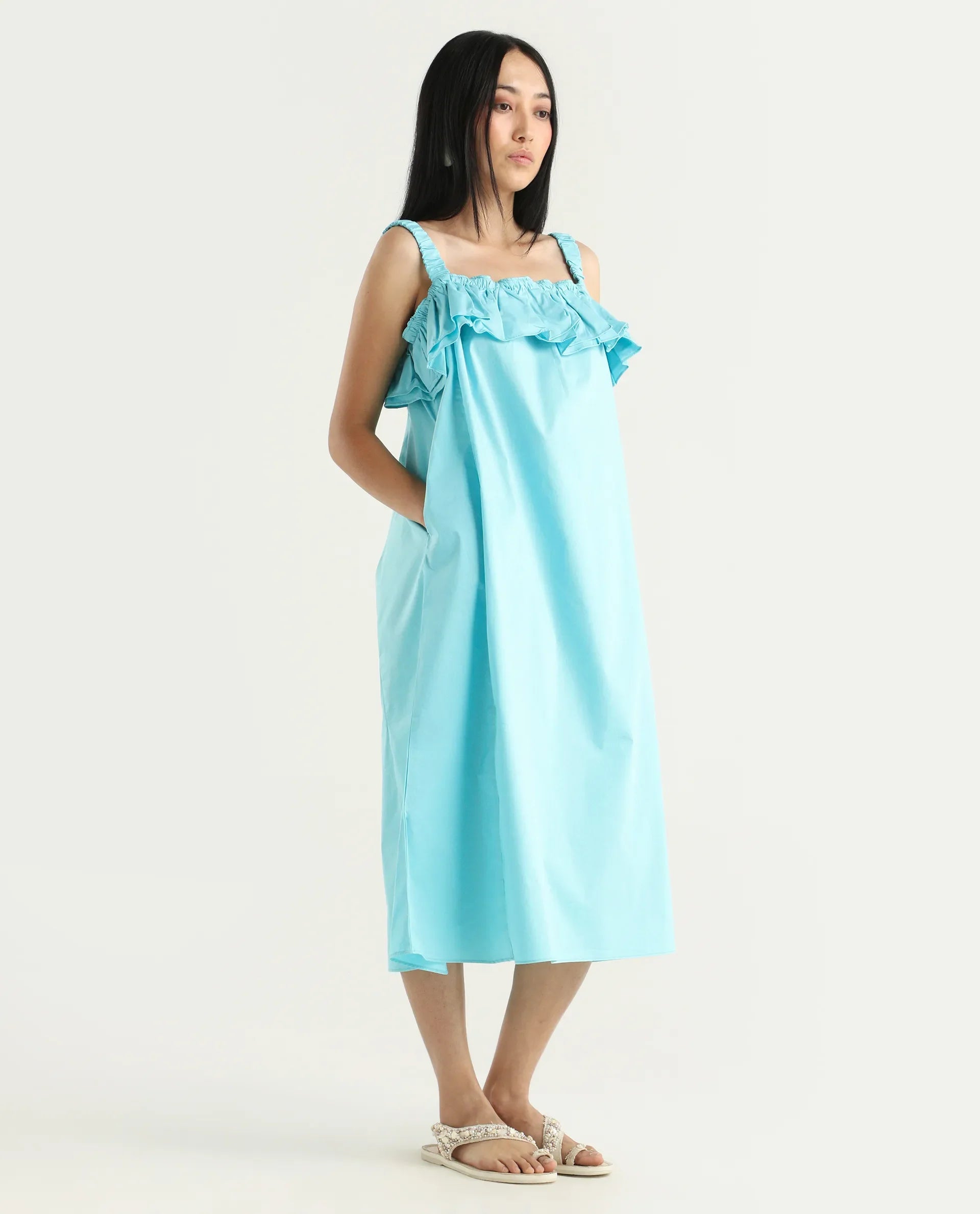 Rareism Women's Lens Blue Cotton Blend Shoulder Strap Plain Sleeveless Knee Length Regular Fit Dress