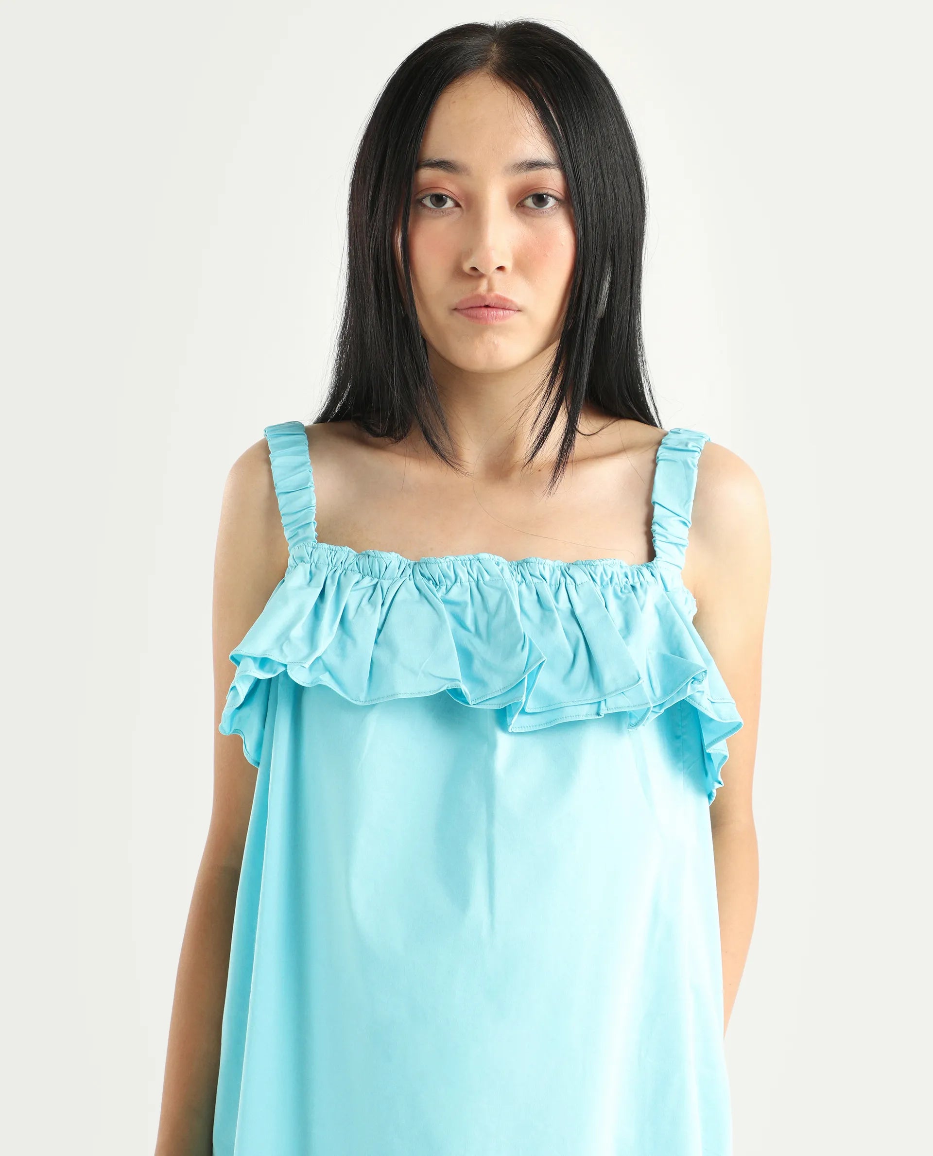 Rareism Women's Lens Blue Cotton Blend Shoulder Strap Plain Sleeveless Knee Length Regular Fit Dress