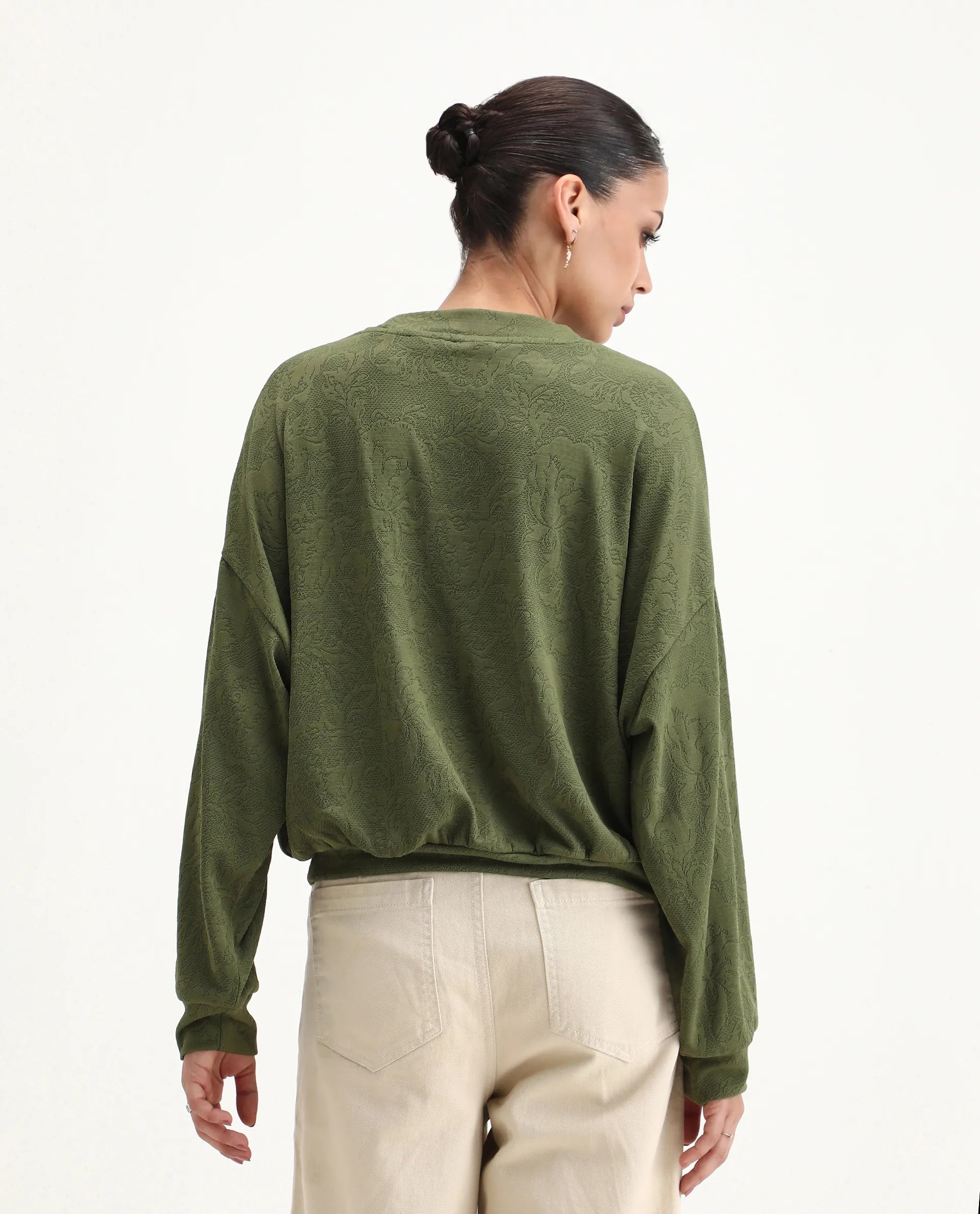 Rareism Women's Lent Olive Polyester Blend Crew Neck Oversize Fit Jacquard Sweatshirt