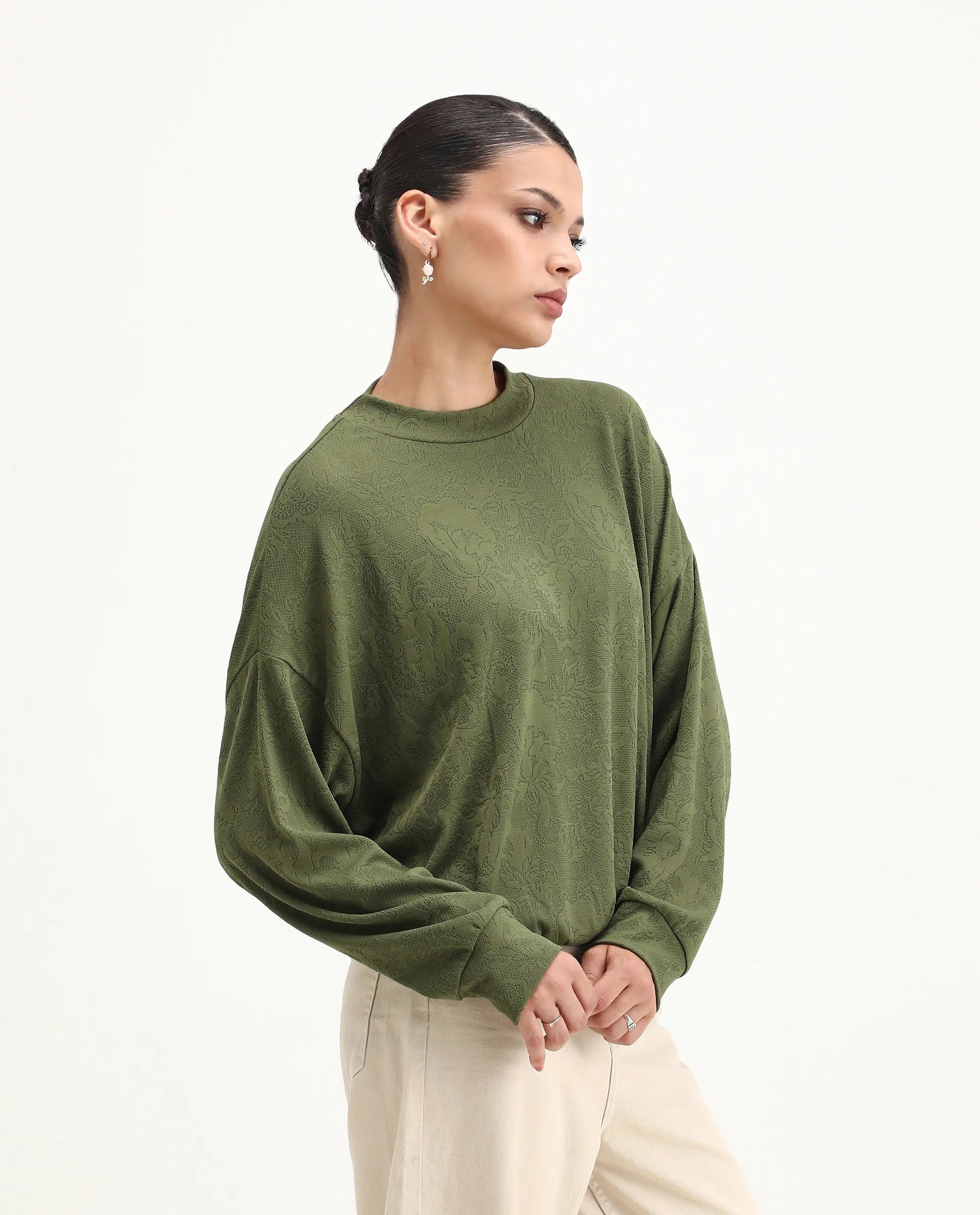 Rareism Women's Lent Olive Polyester Blend Crew Neck Oversize Fit Jacquard Sweatshirt