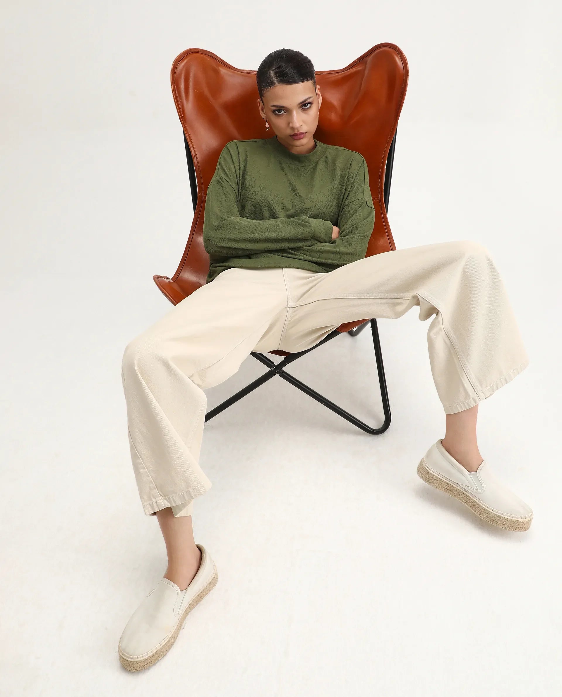 Rareism Women's Lent Olive Polyester Blend Crew Neck Oversize Fit Jacquard Sweatshirt