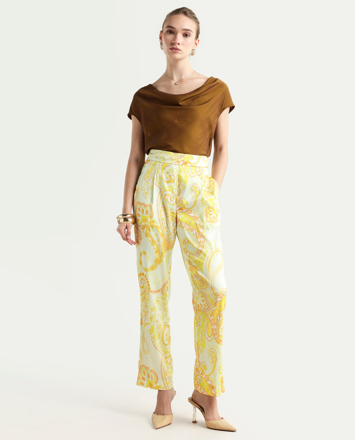 Rareism Women's Lenzet Yellow Polyester Paisley Print Ankle Length Relaxed Fit Trouser