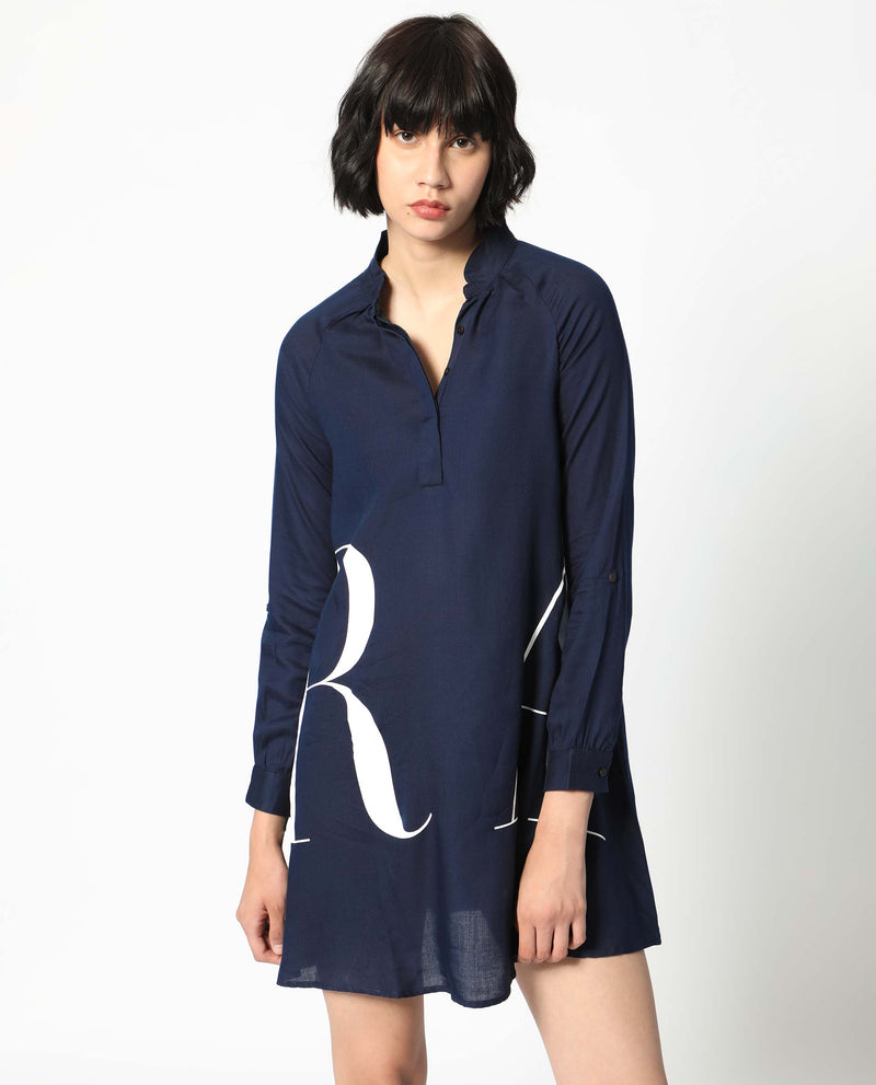 Rareism Women Leor Dark Blue Tencel Fabric Full Sleeves Button Closure Mandarin Collar Relaxed Fit Print Short A-Line Dress