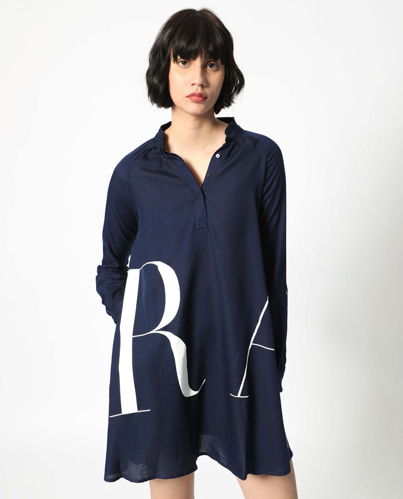 Rareism Women Leor Dark Blue Tencel Fabric Full Sleeves Button Closure Mandarin Collar Relaxed Fit Print Short A-Line Dress