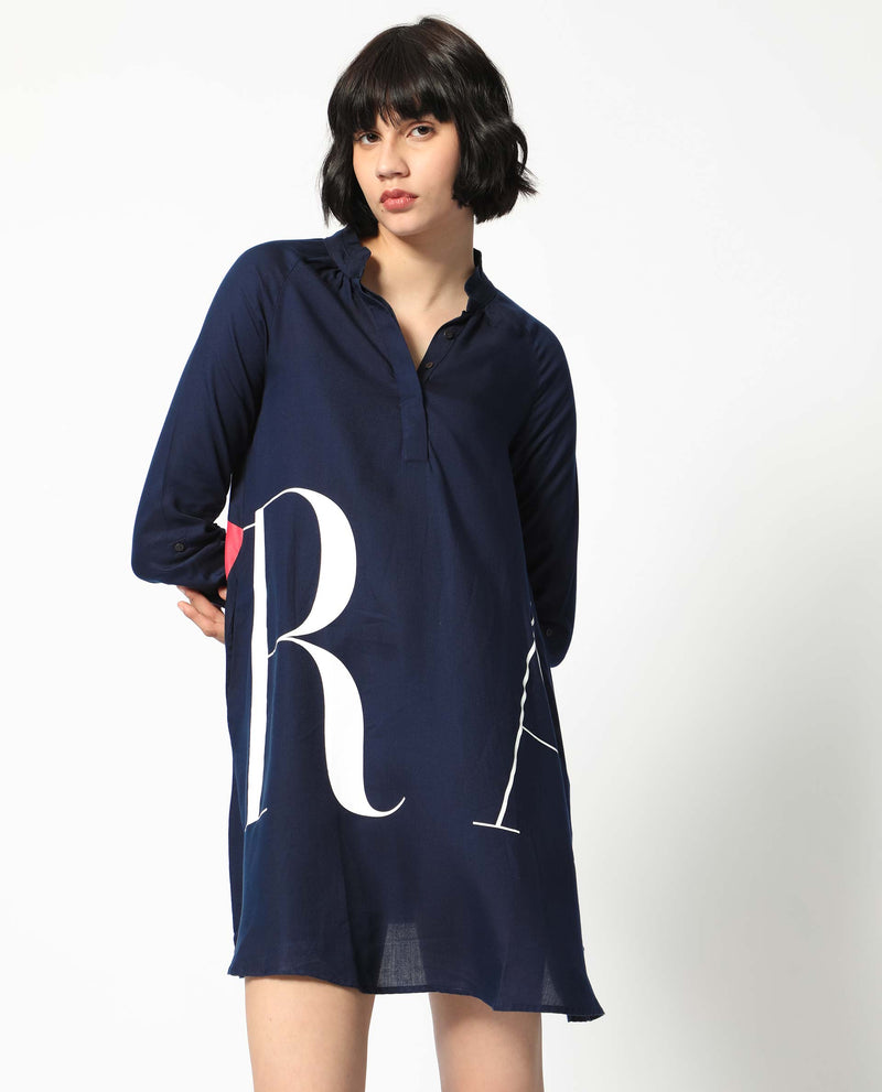 Rareism Women Leor Dark Blue Tencel Fabric Full Sleeves Button Closure Mandarin Collar Relaxed Fit Print Short A-Line Dress