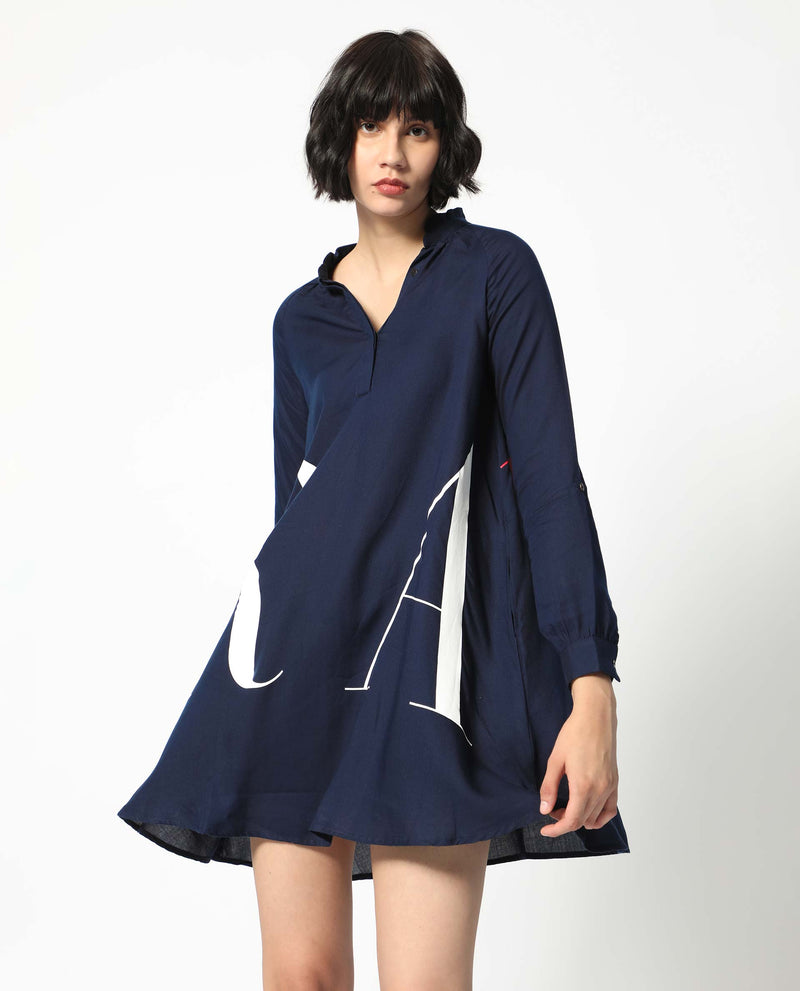 Rareism Women Leor Dark Blue Tencel Fabric Full Sleeves Button Closure Mandarin Collar Relaxed Fit Print Short A-Line Dress