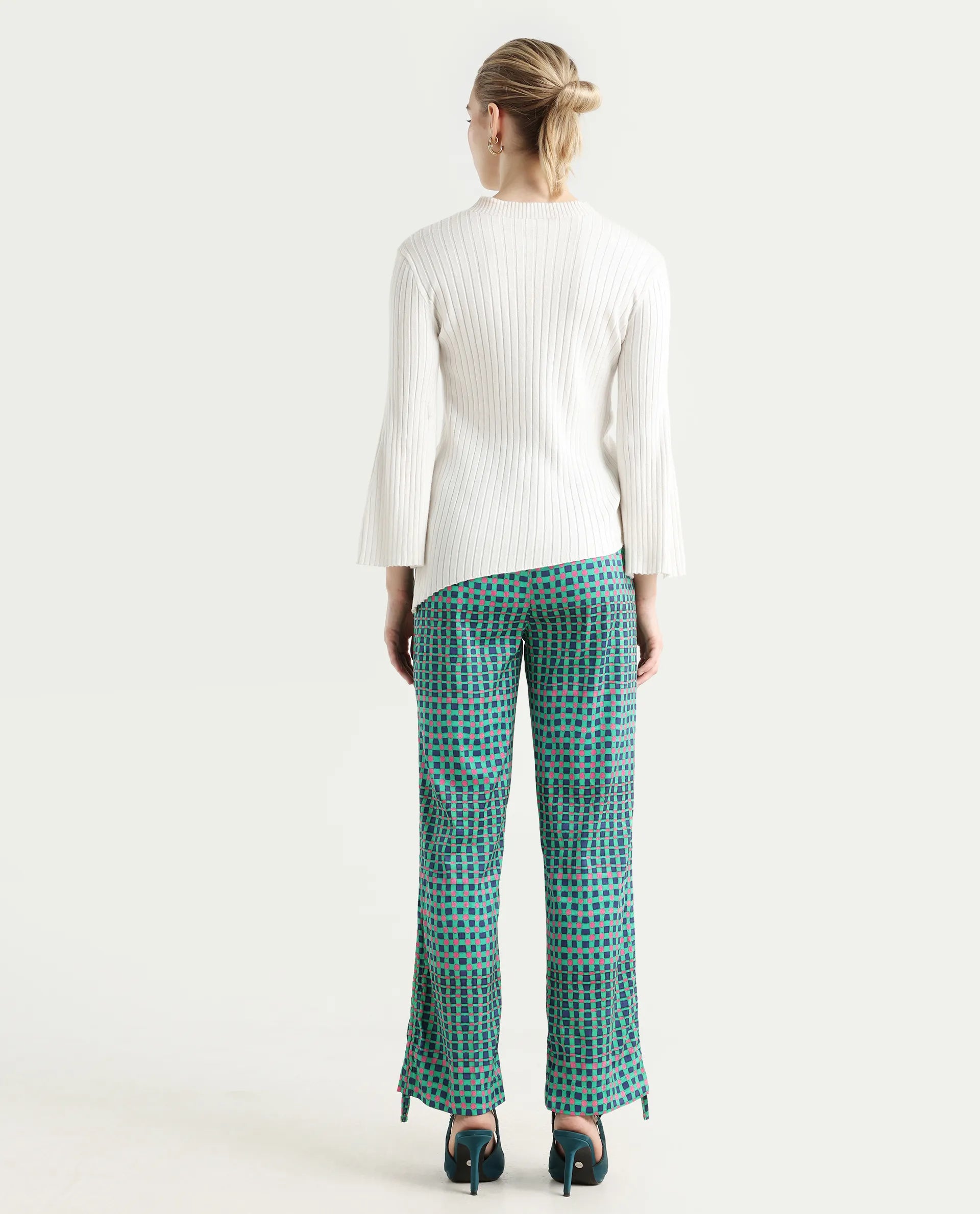 Rareism Women's Leora Green Polyester Geometric Print Ankle Length Tailored Trouser