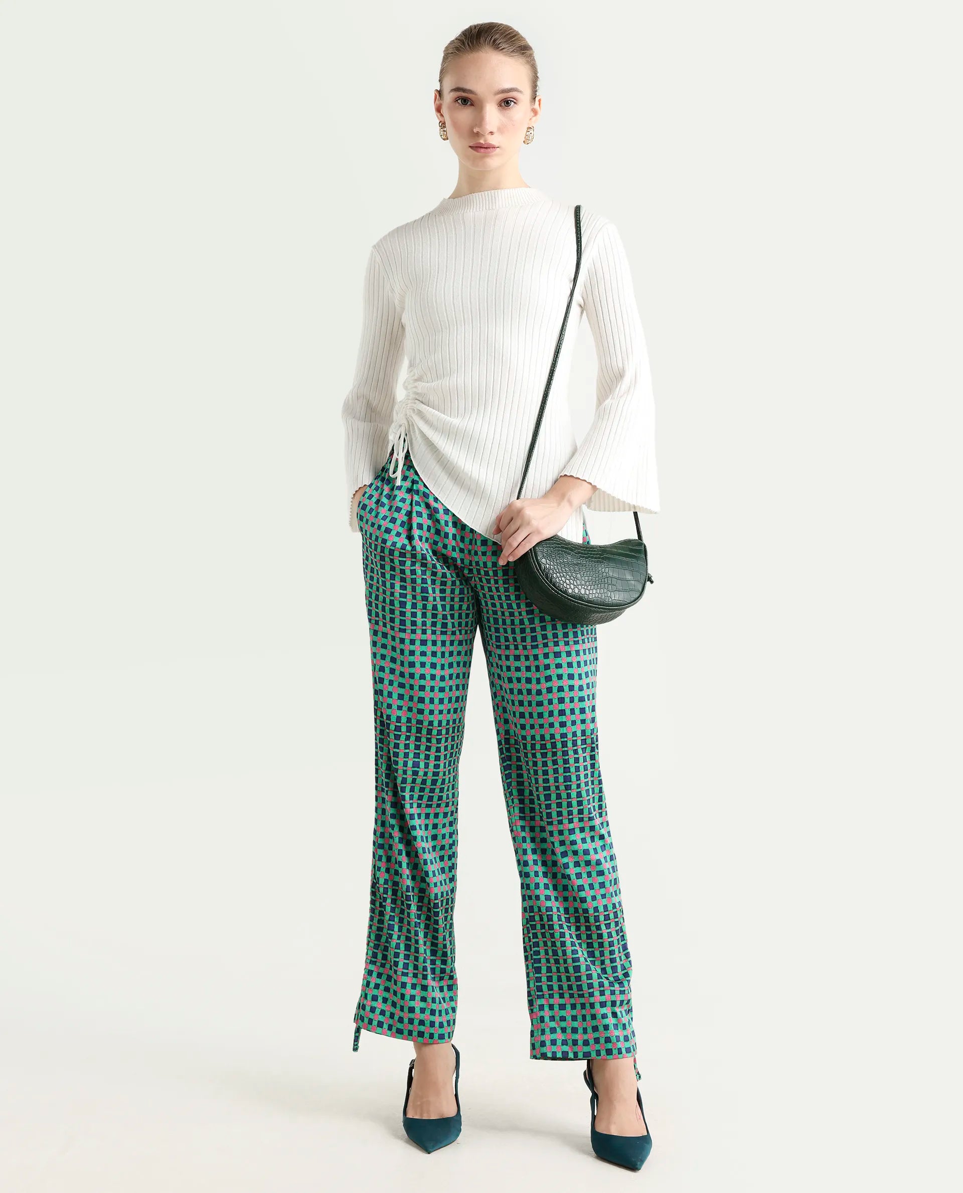 Rareism Women's Leora Green Polyester Geometric Print Ankle Length Tailored Trouser