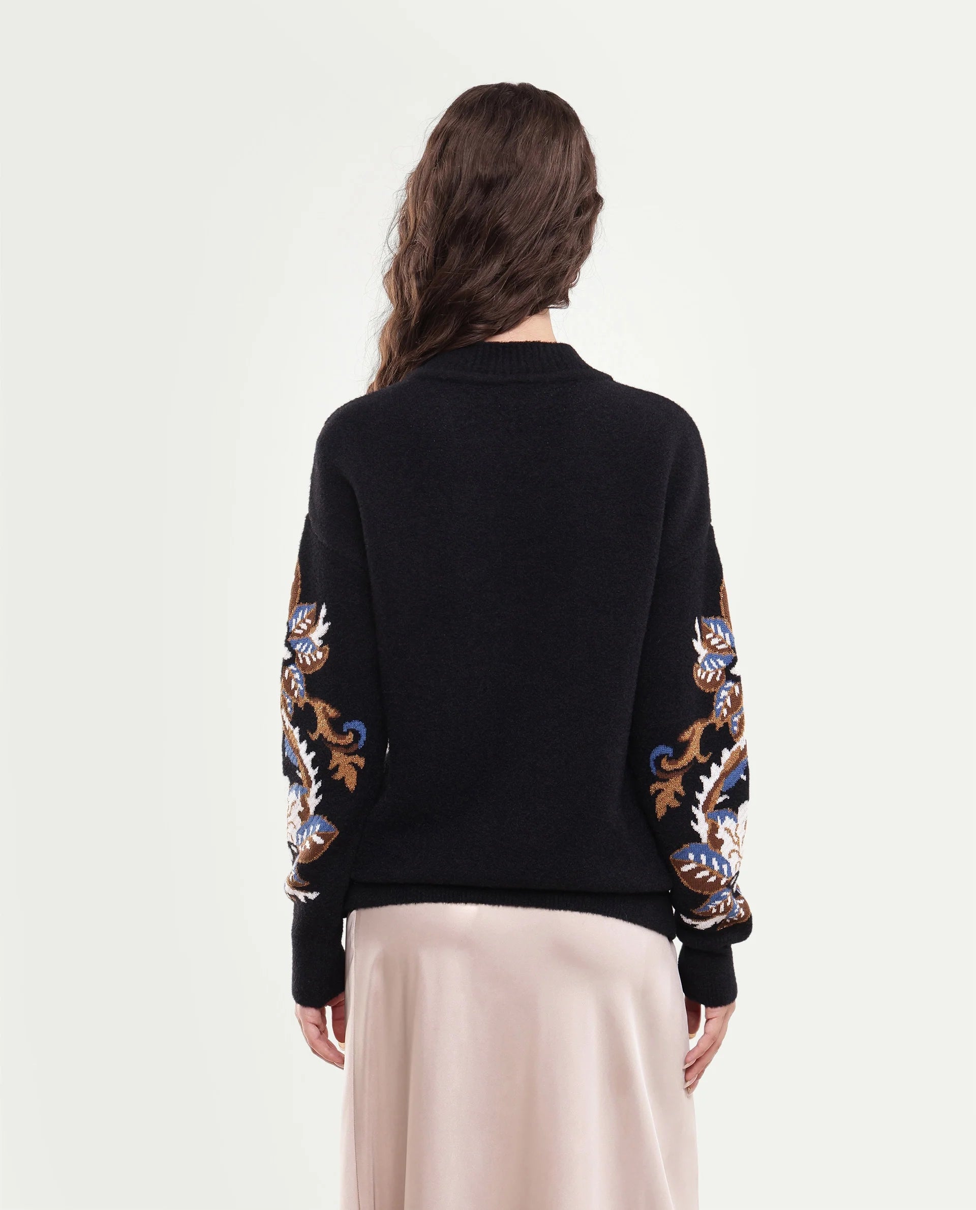 Rareism Women's Lepo Black Nylon Blend Pull-On Relaxed Fit Jacquard Sweater