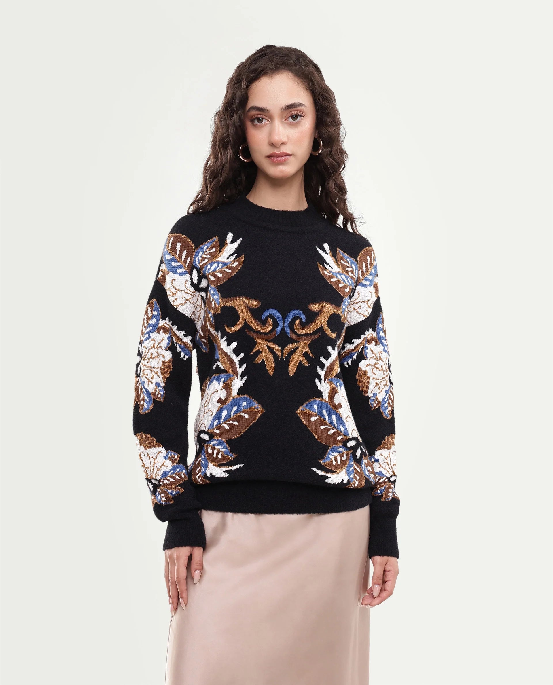 Rareism Women's Lepo Black Nylon Blend Pull-On Relaxed Fit Jacquard Sweater