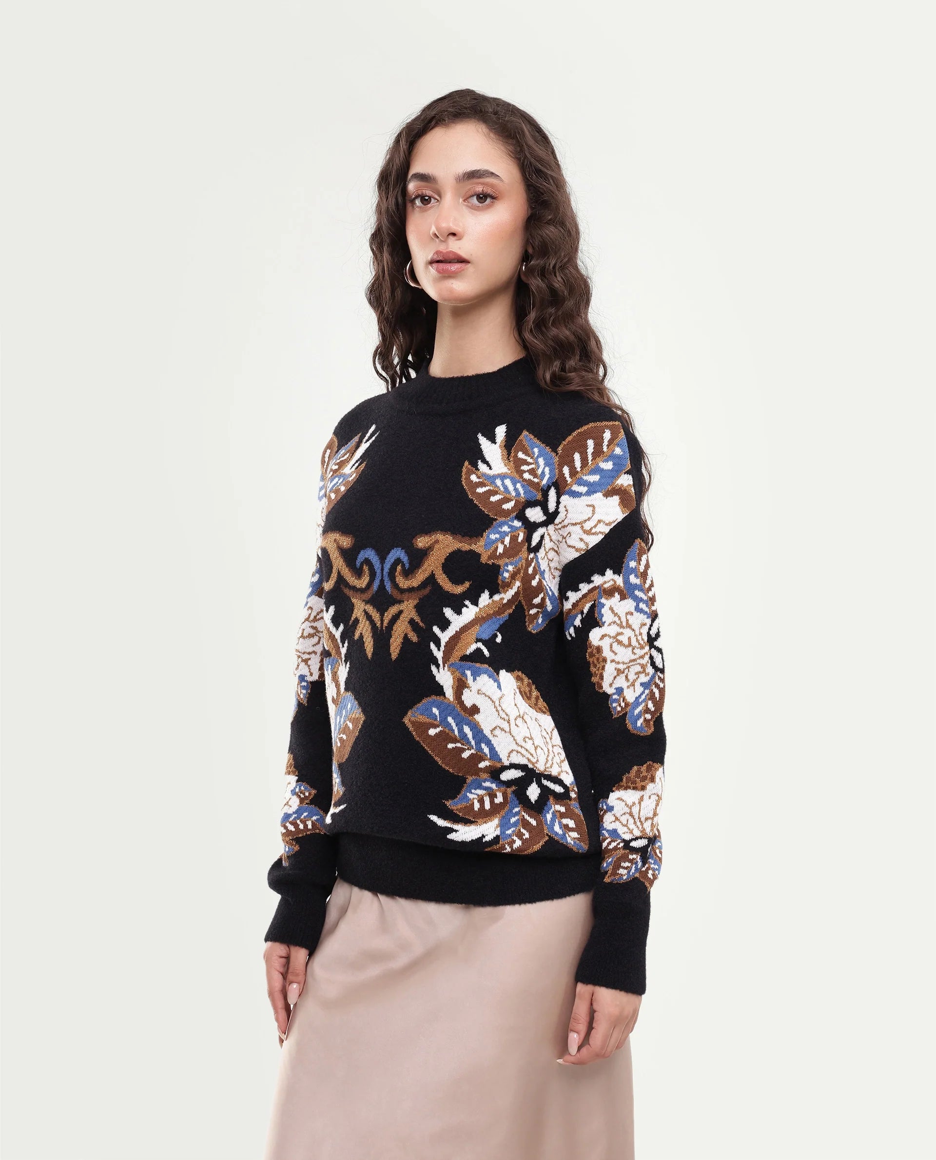 Rareism Women's Lepo Black Nylon Blend Pull-On Relaxed Fit Jacquard Sweater