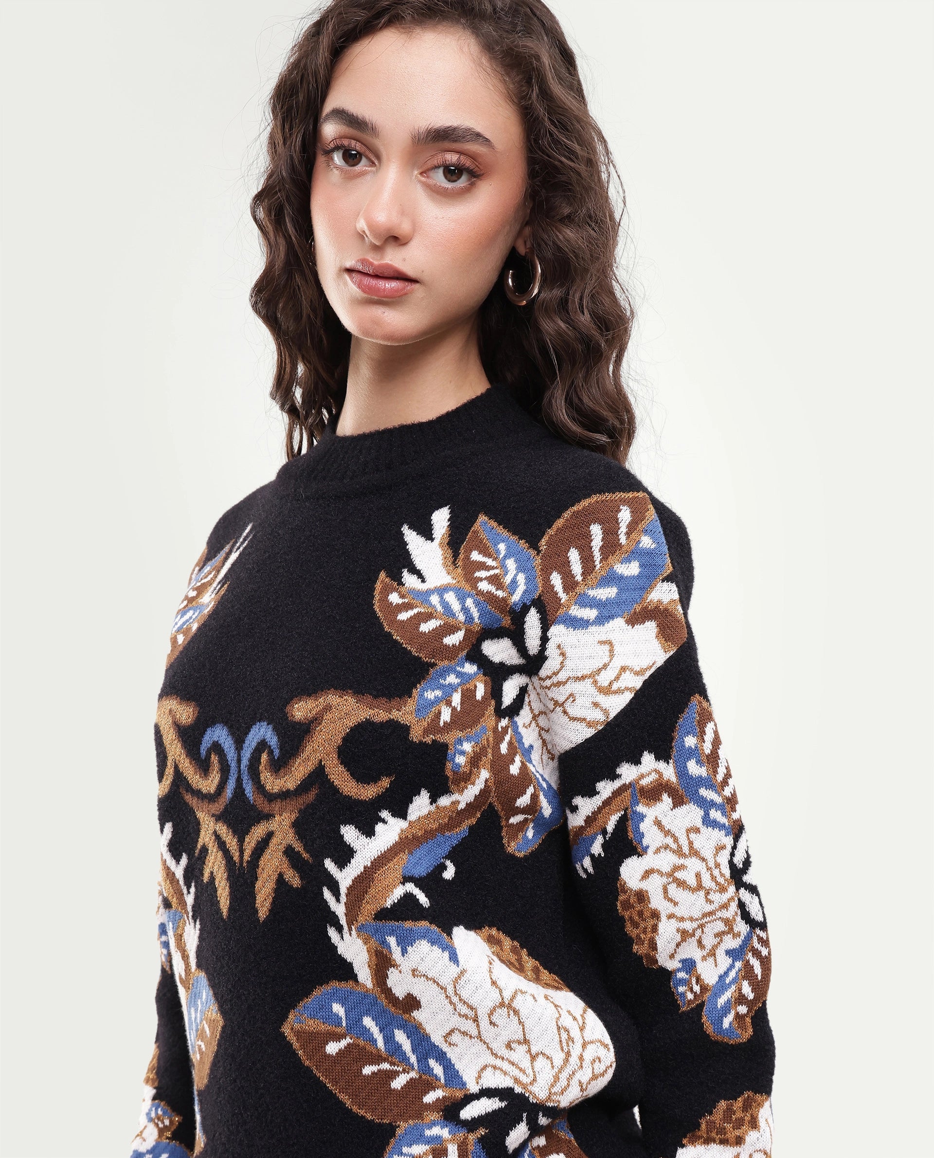 Rareism Women's Lepo Black Nylon Blend Pull-On Relaxed Fit Jacquard Sweater