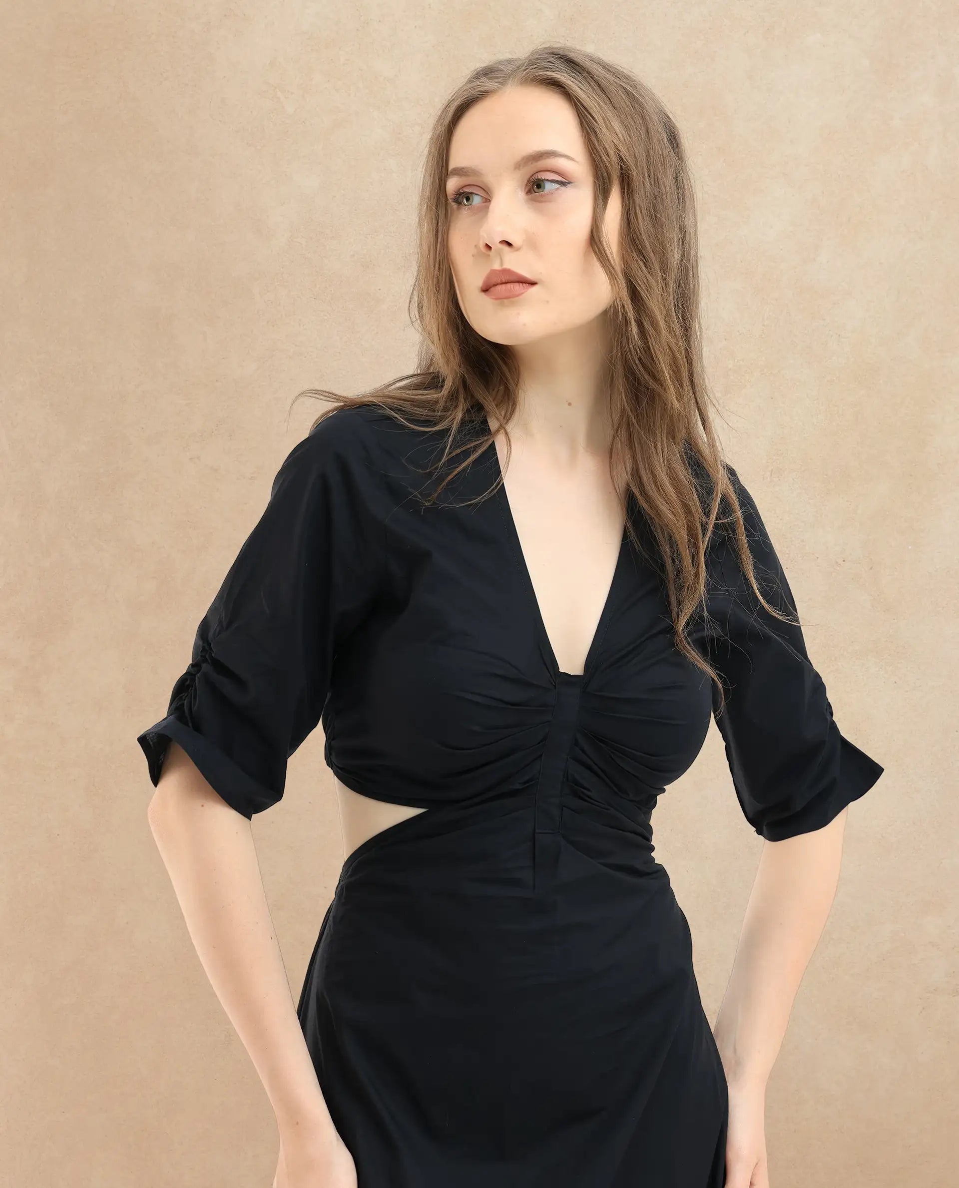 Rareism Women Lesman Black Cotton Fabric Short Sleeves V-Neck Puff Sleeve Fit And Flare Plain Maxi Dress