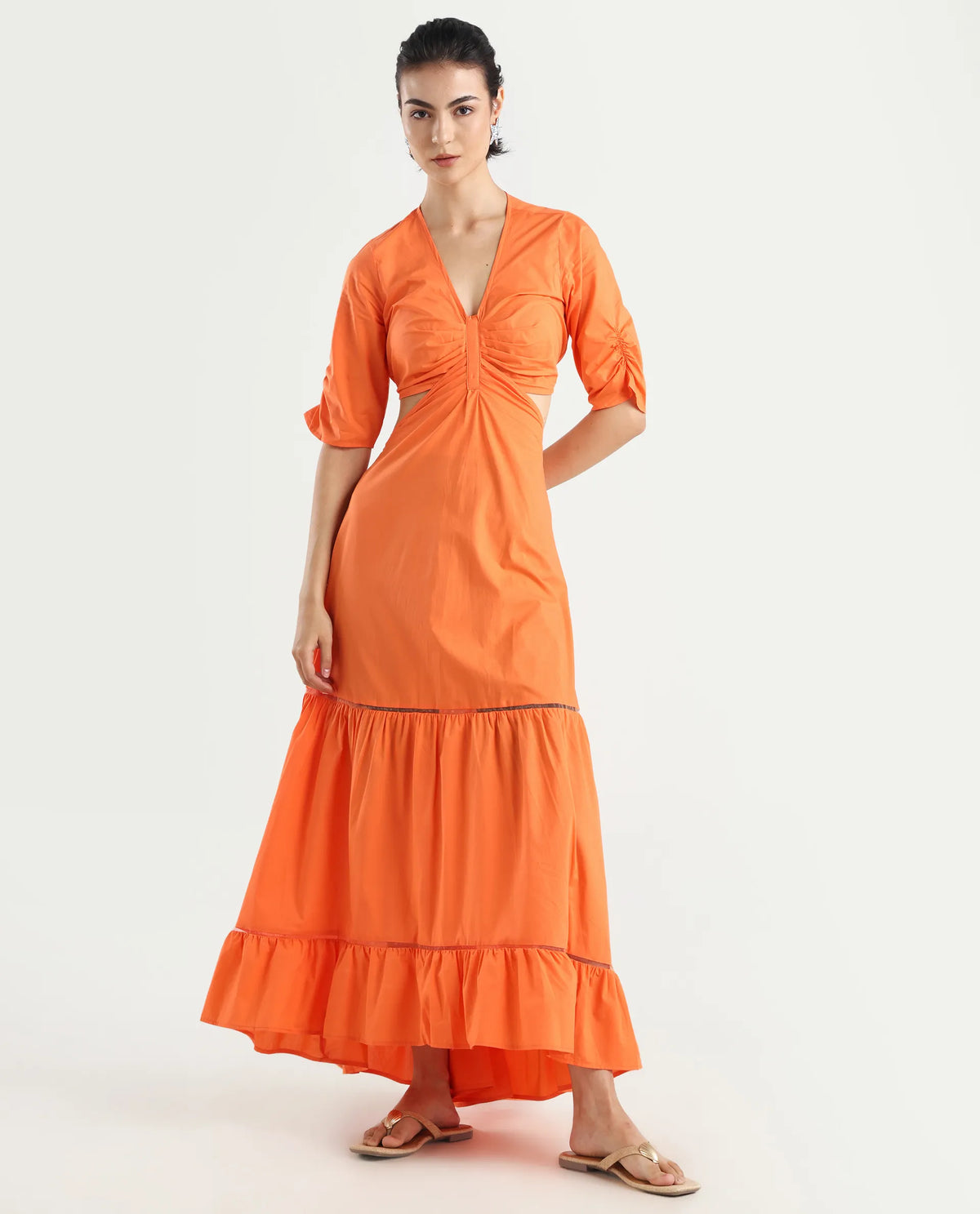 Rareism Women's Lesman Orange Cotton V-Neck Plain Puff Sleeves Maxi Fit And Flare Dress