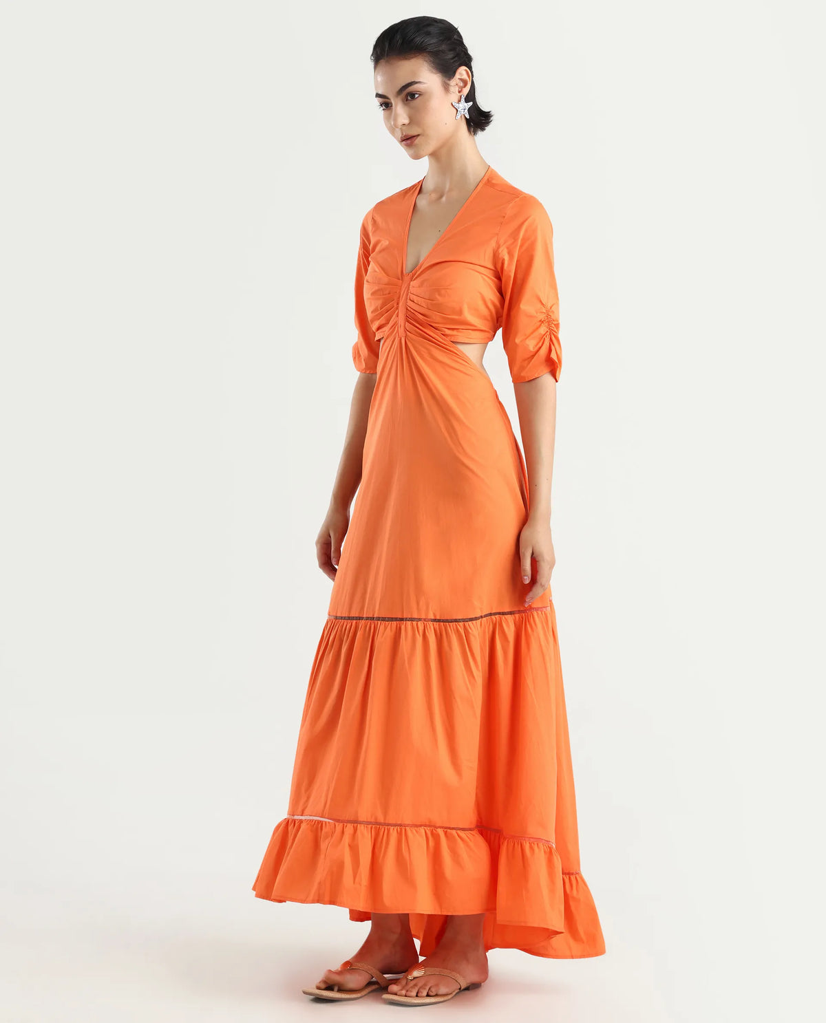 Rareism Women's Lesman Orange Cotton V-Neck Plain Puff Sleeves Maxi Fit And Flare Dress