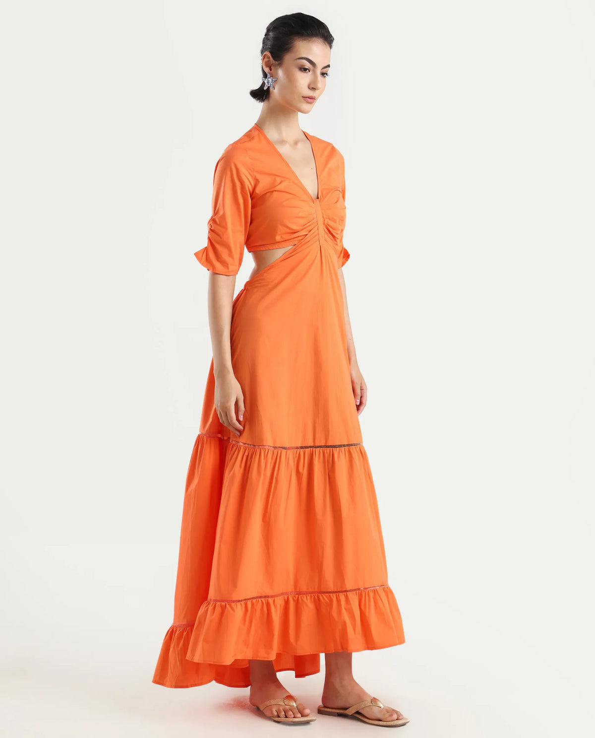 Rareism Women's Lesman Orange Cotton V-Neck Plain Puff Sleeves Maxi Fit And Flare Dress