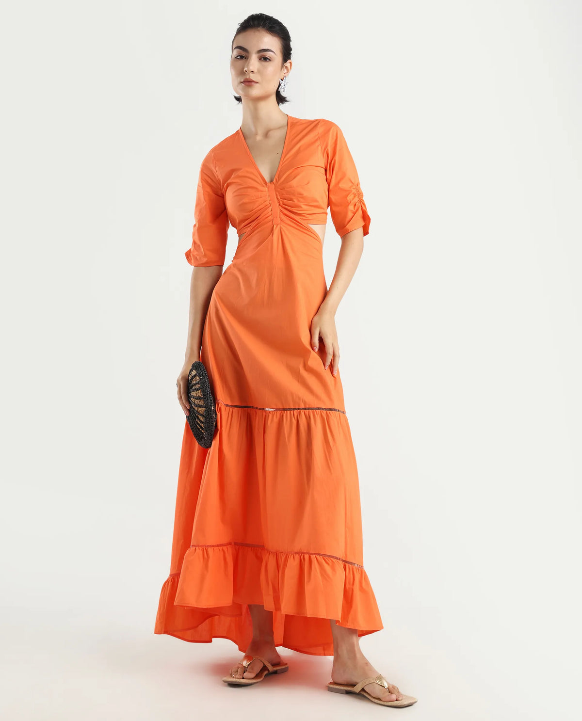 Rareism Women's Lesman Orange Cotton V-Neck Plain Puff Sleeves Maxi Fit And Flare Dress