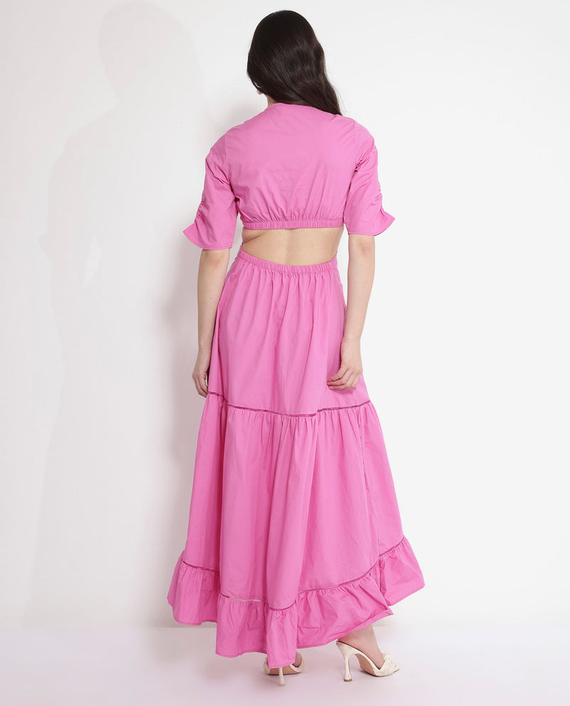 Rareism Women Lesman Pink Puff Sleeves V-Neck Fit And Flare Maxi Plain Dress