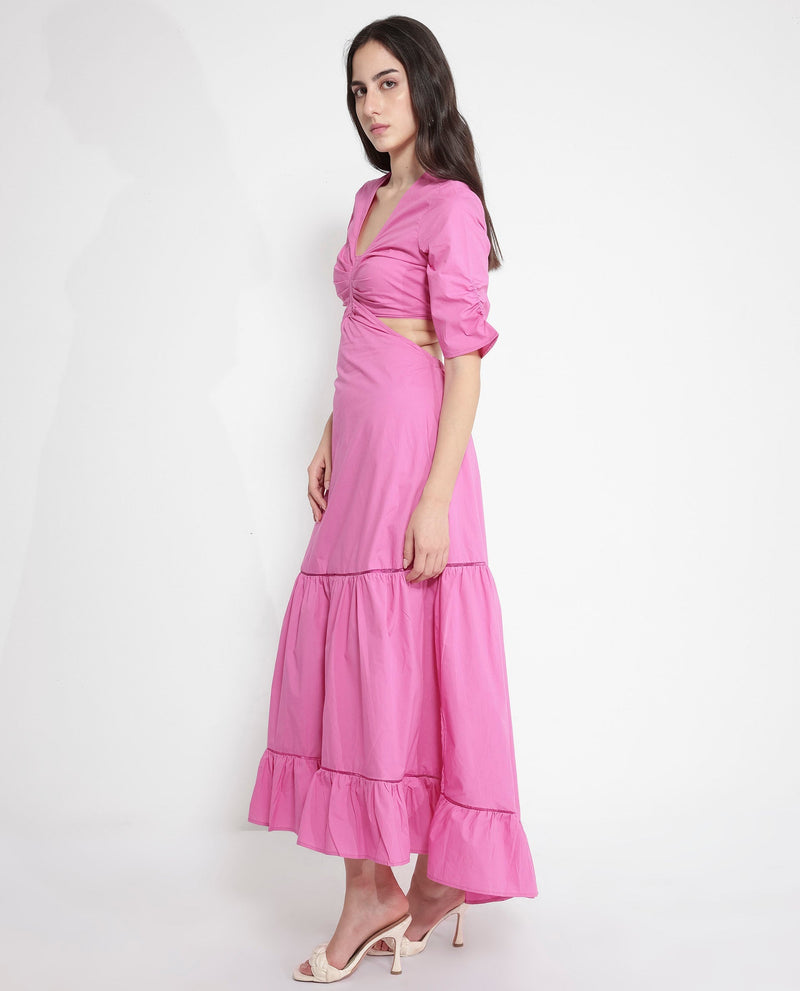 Rareism Women Lesman Pink Puff Sleeves V-Neck Fit And Flare Maxi Plain Dress