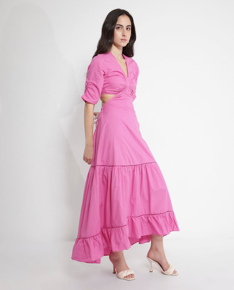 Rareism Women Lesman Pink Puff Sleeves V-Neck Fit And Flare Maxi Plain Dress