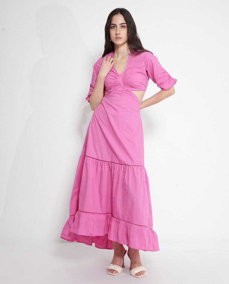 Rareism Women Lesman Pink Puff Sleeves V-Neck Fit And Flare Maxi Plain Dress