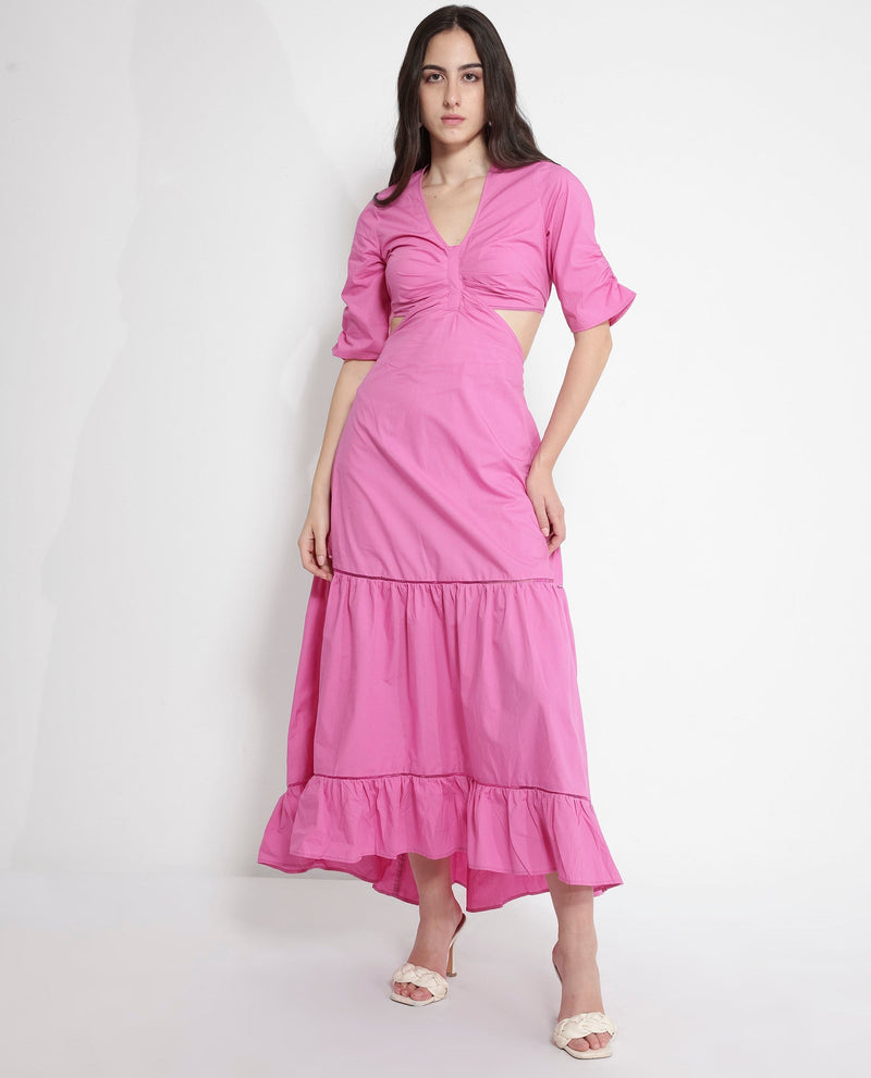 Rareism Women Lesman Pink Puff Sleeves V-Neck Fit And Flare Maxi Plain Dress