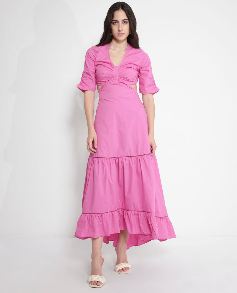 Rareism Women Lesman Pink Puff Sleeves V-Neck Fit And Flare Maxi Plain Dress