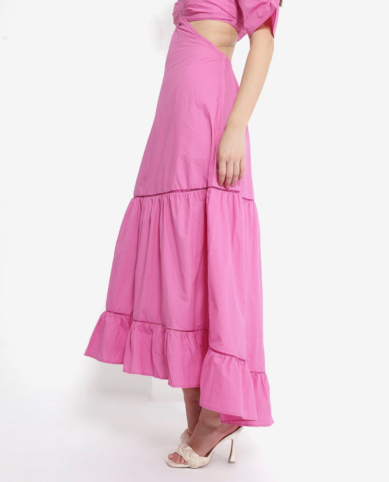 Rareism Women Lesman Pink Puff Sleeves V-Neck Fit And Flare Maxi Plain Dress