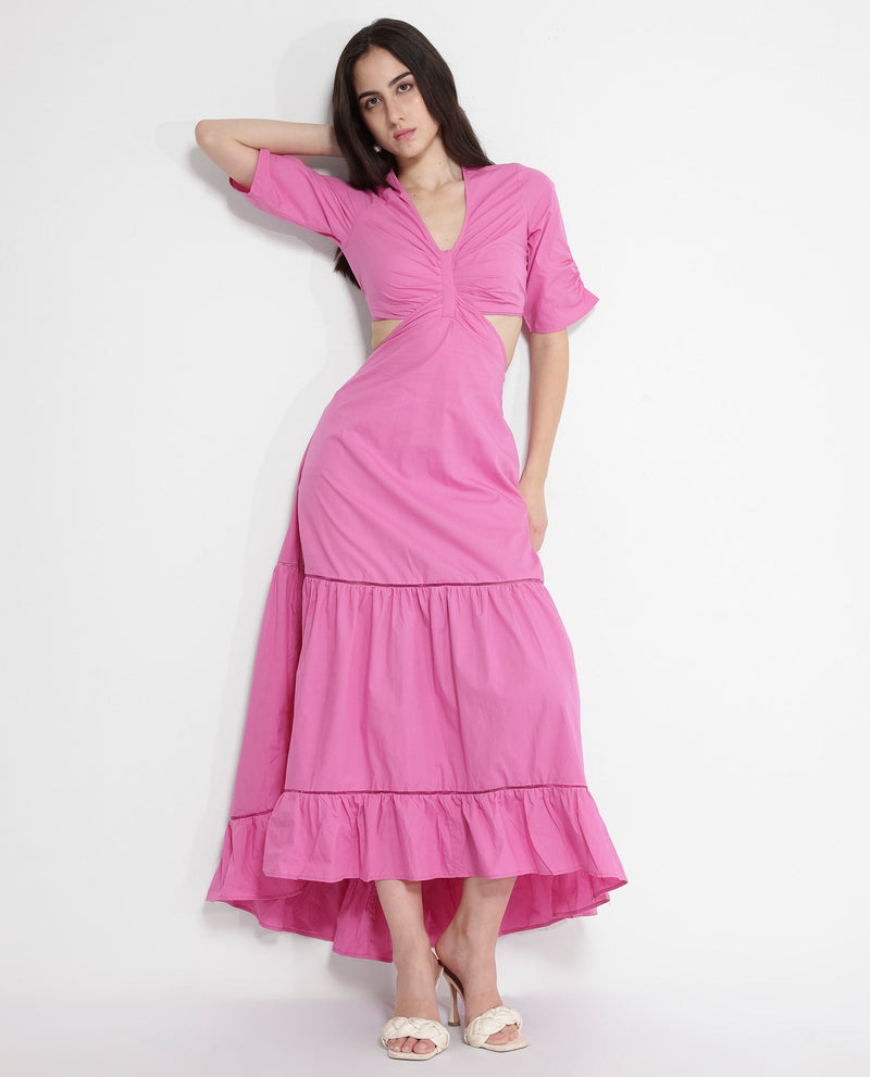 Rareism Women Lesman Pink Puff Sleeves V-Neck Fit And Flare Maxi Plain Dress