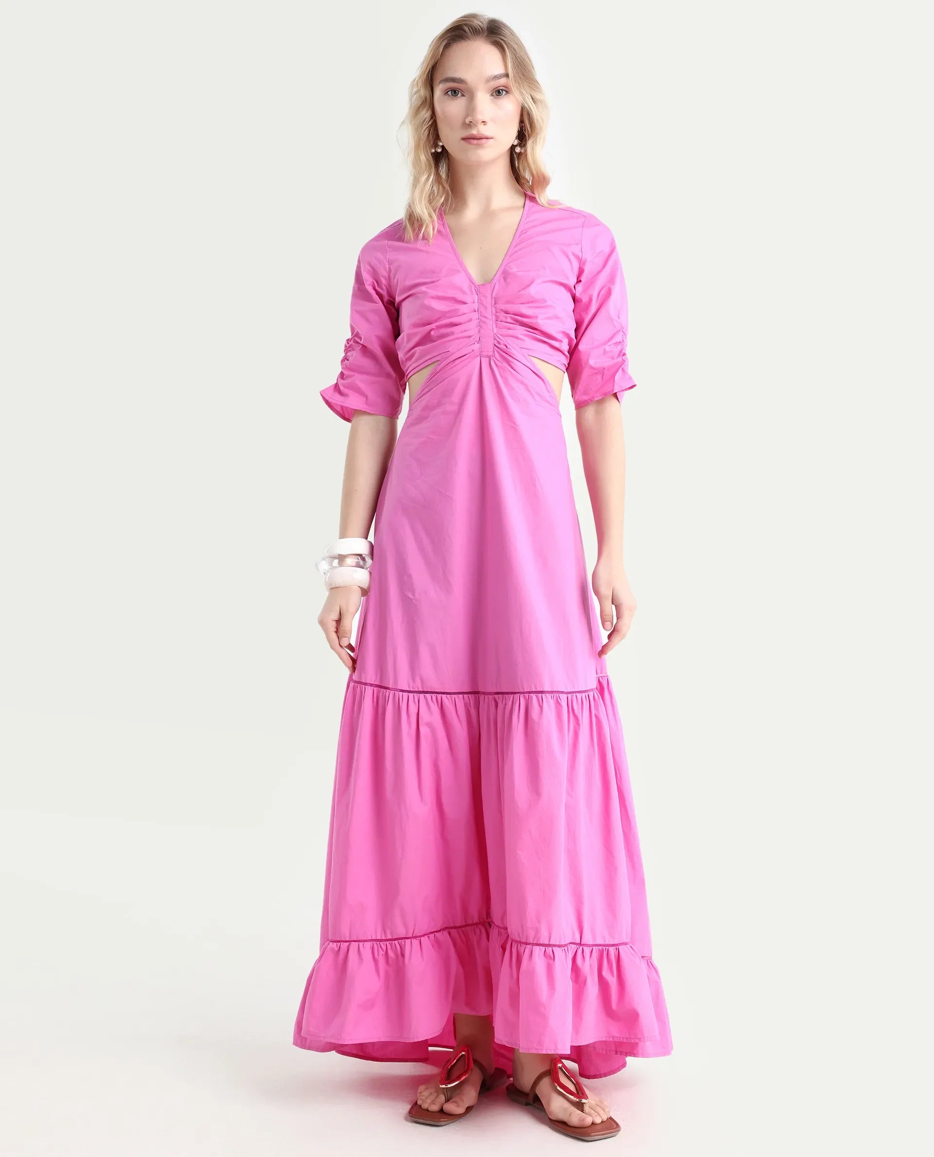 Rareism Women's Lesman Pink Cotton V-Neck Plain Puff Sleeves Maxi Fit And Flare Dress