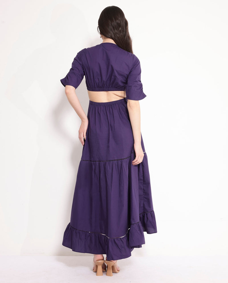 Rareism Women Lesman Dark Purple Puff Sleeves V-Neck Fit And Flare Maxi Plain Dress