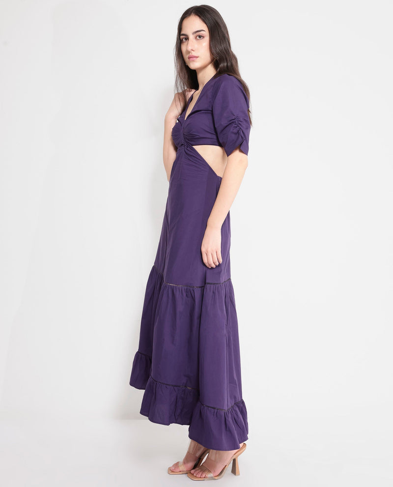 Rareism Women Lesman Dark Purple Puff Sleeves V-Neck Fit And Flare Maxi Plain Dress