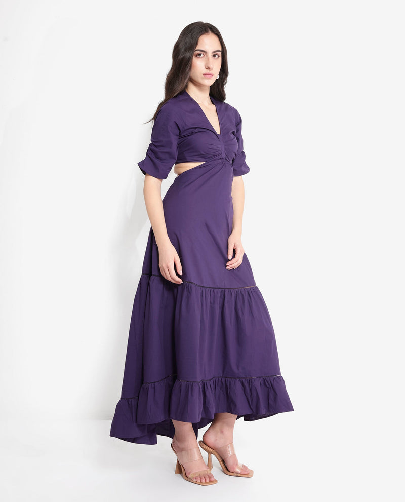 Rareism Women Lesman Dark Purple Puff Sleeves V-Neck Fit And Flare Maxi Plain Dress