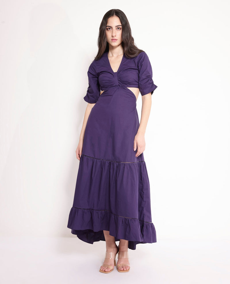 Rareism Women Lesman Dark Purple Puff Sleeves V-Neck Fit And Flare Maxi Plain Dress