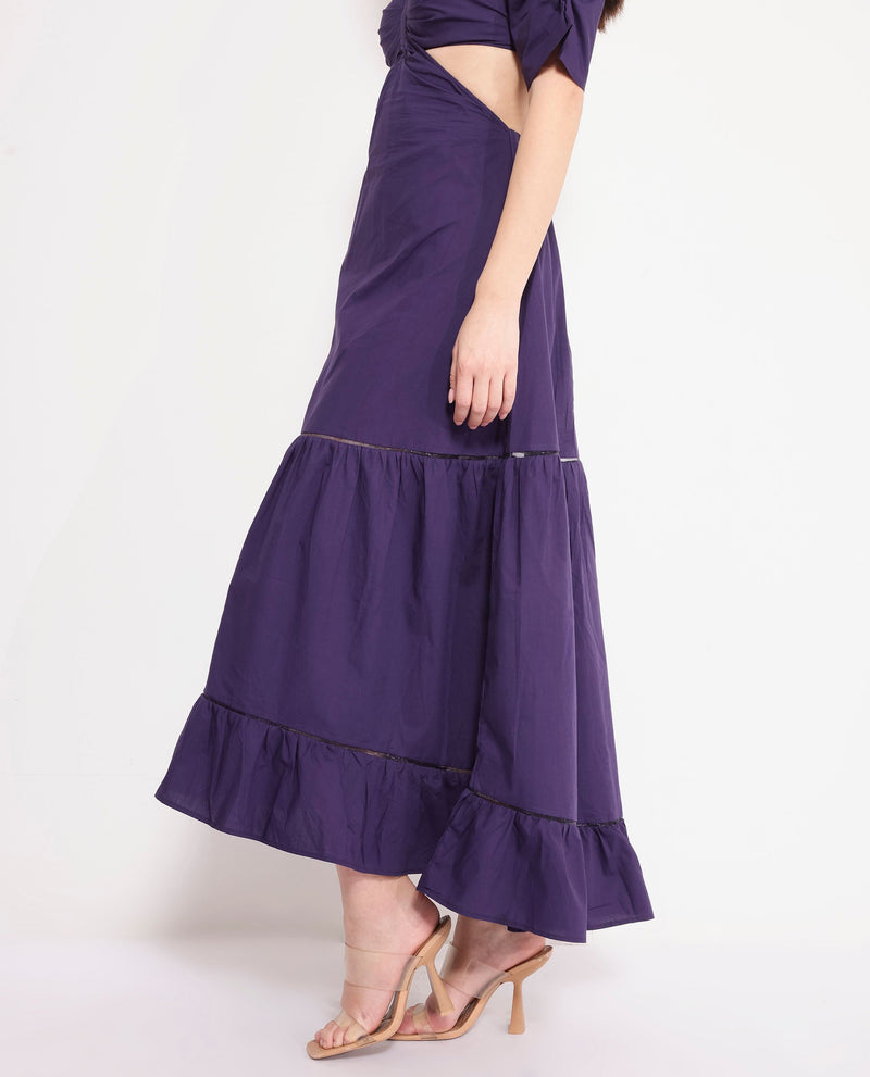 Rareism Women Lesman Dark Purple Puff Sleeves V-Neck Fit And Flare Maxi Plain Dress