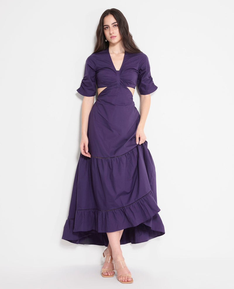 Rareism Women Lesman Dark Purple Puff Sleeves V-Neck Fit And Flare Maxi Plain Dress